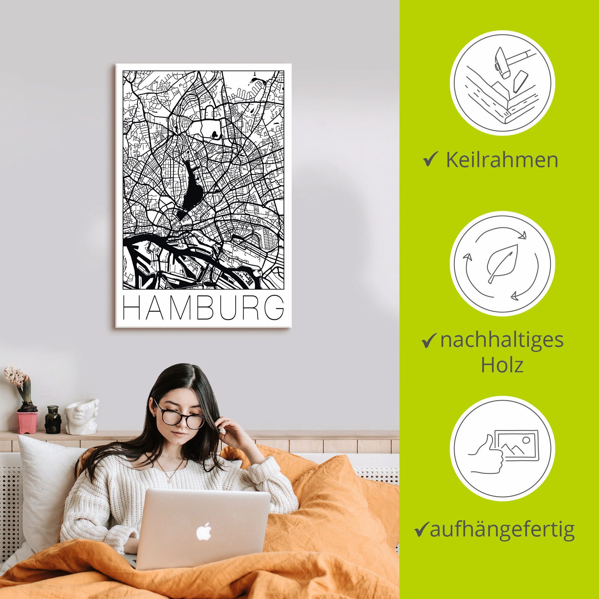 Artland Artprint Retro kaart Hamburg Duitsland als artprint op linnen, poster in verschillende formaten maten