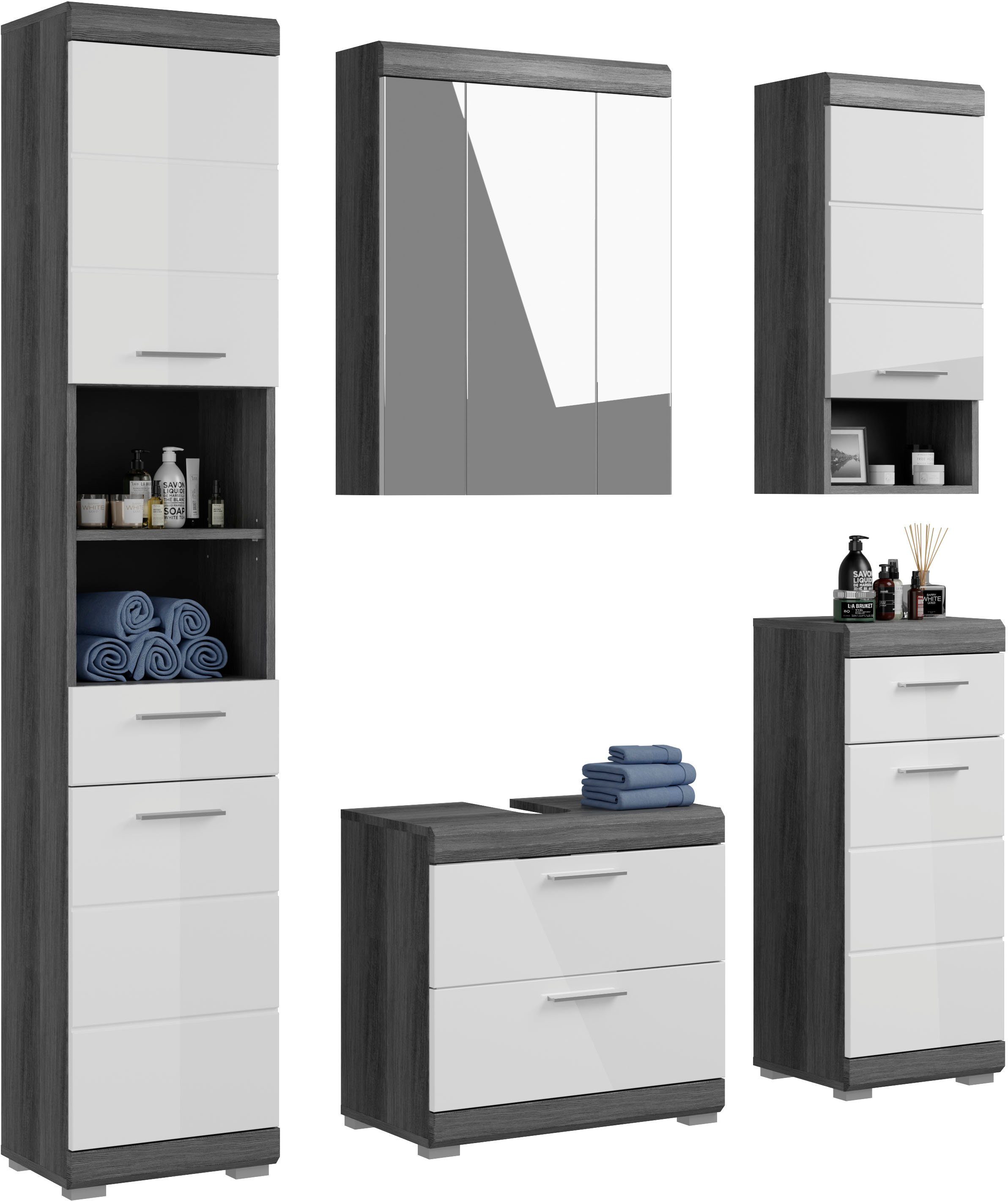 inosign badkamerserie siena hoge kast, spiegelkast, wastafelkast, wandkast, onderkast (set) grijs