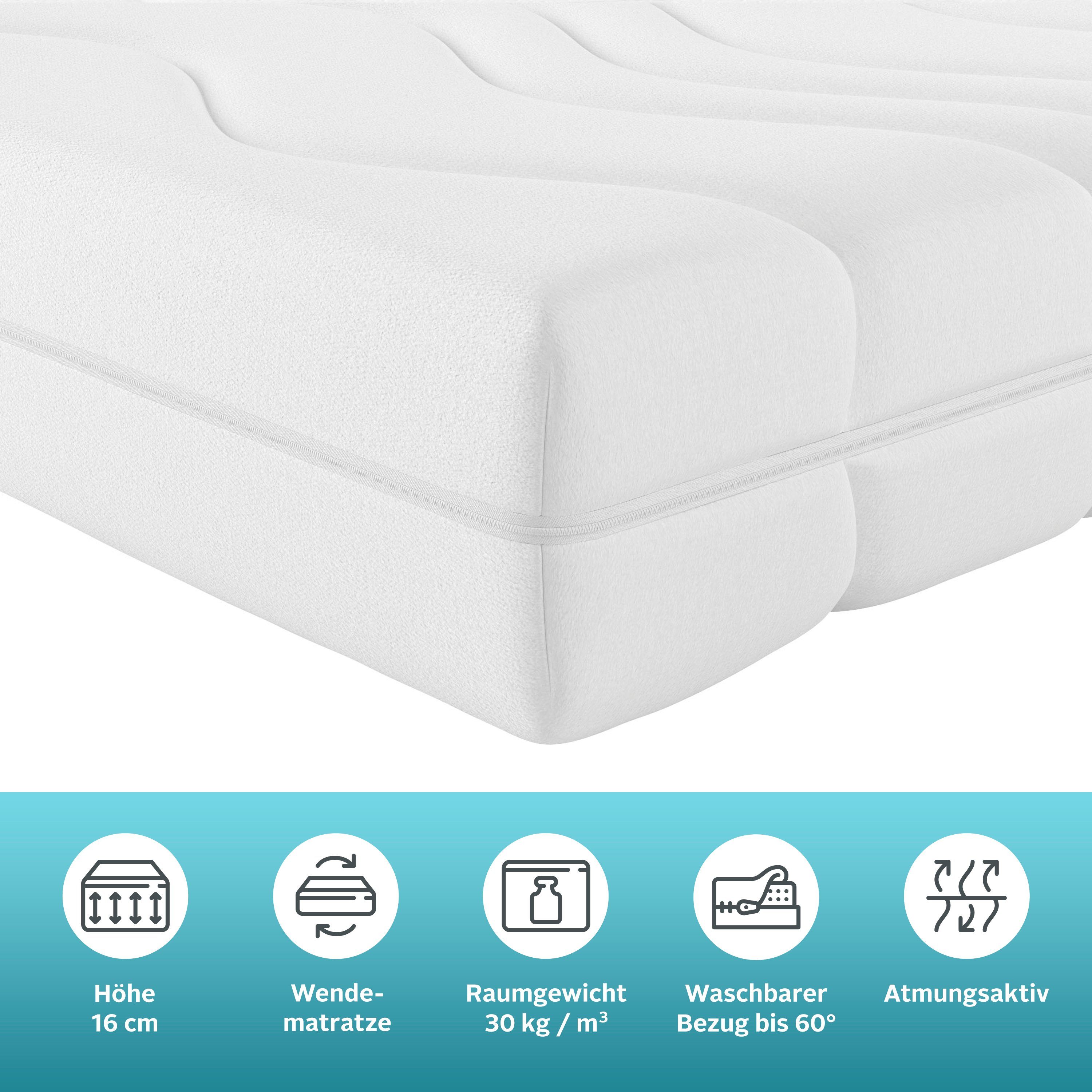 my home Comfortschuimmatras 7-zones, matras in 90x200, 140x200 cm en andere maten hoogte 16 cm