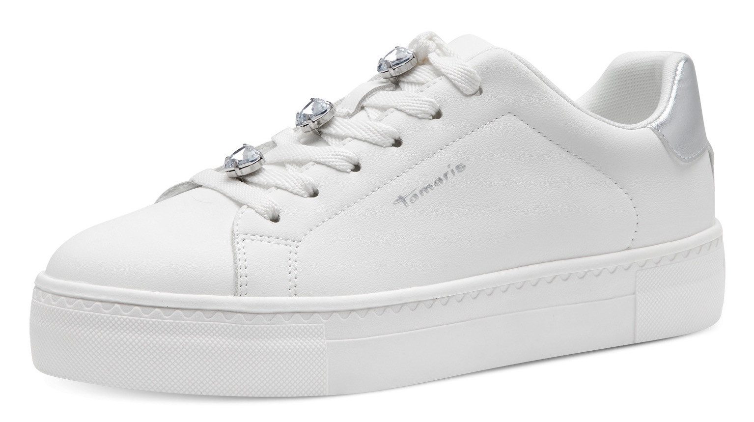 Tamaris Plateausneakers , vrijetijdsschoen, lage schoen, veterschoen versierd met sierstenen dames lage sneakers maat 36 wit