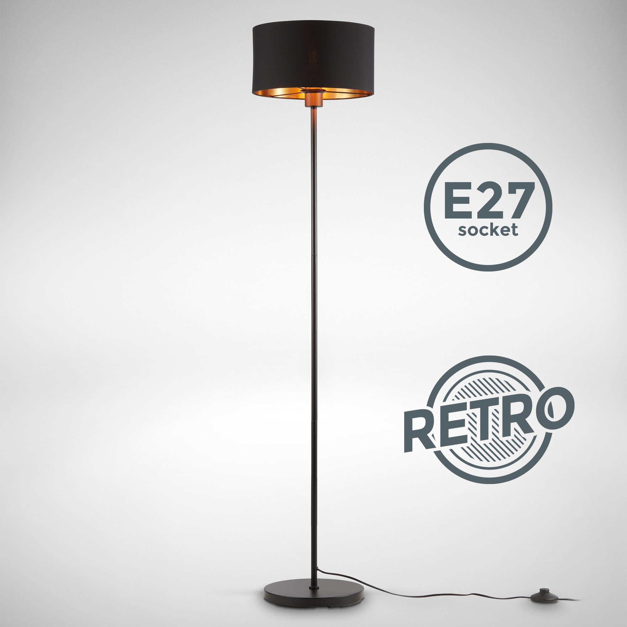B.K.Licht Staande lamp BKL1417 vloerlamp vintage, met voetknop, lampenkap van stof max. 40 watt, woonkamerlamp, industrieel, 30x141,5 cm, zwart-goudkleur