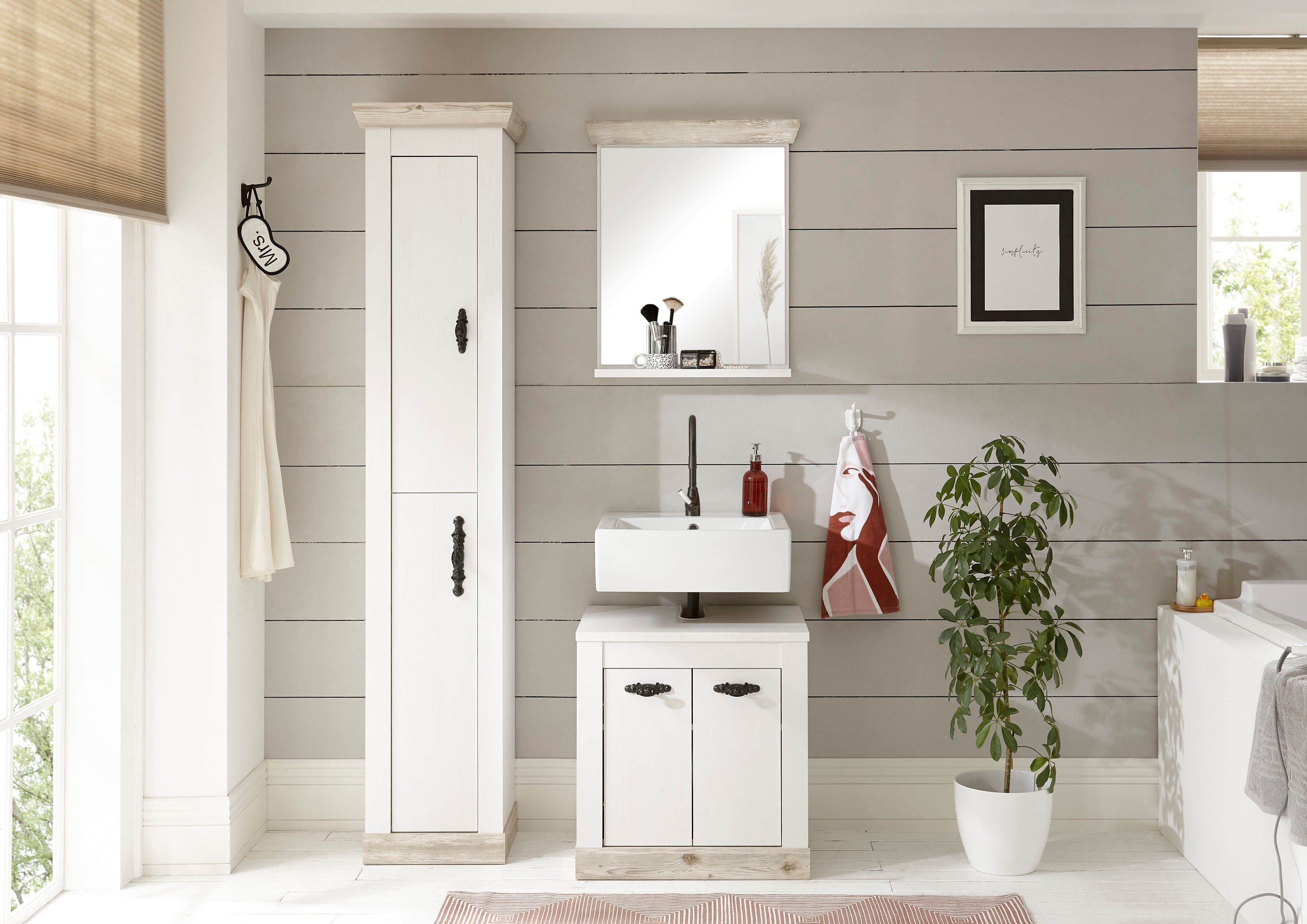 Home affaire Badspiegel Florenz, spiegel in landhuisstijl in pinie wit, met opbergruimte, breedte 60 cm