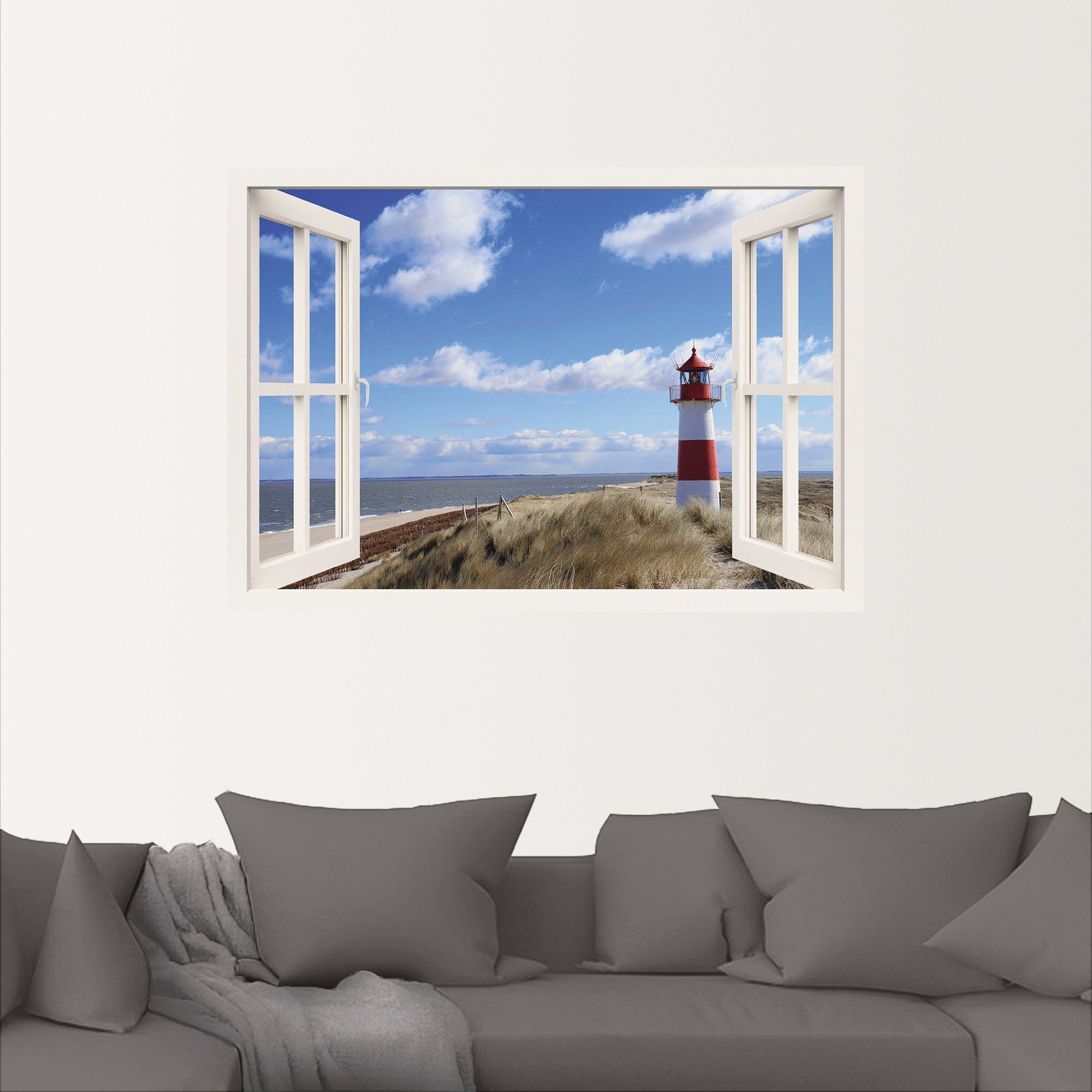 Artland Artprint Blik uit het venster - vuurtoren Sylt als artprint op linnen, poster, muursticker in verschillende maten