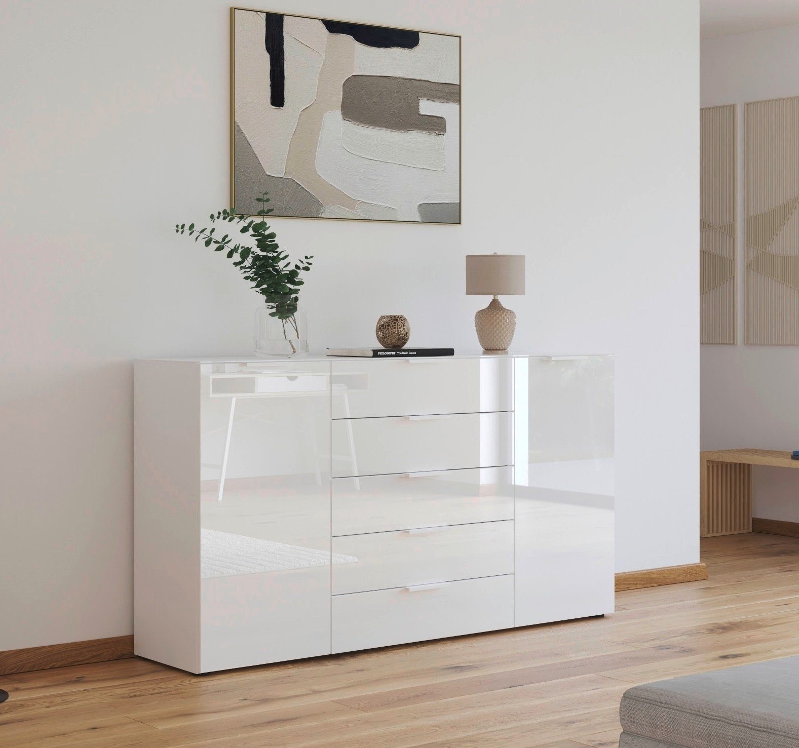 rauch Ladekast Flipp kast sideboard waskast 2-deurs, 5 laden, soft-close, bovenblad en glazen front, 2 breedtes