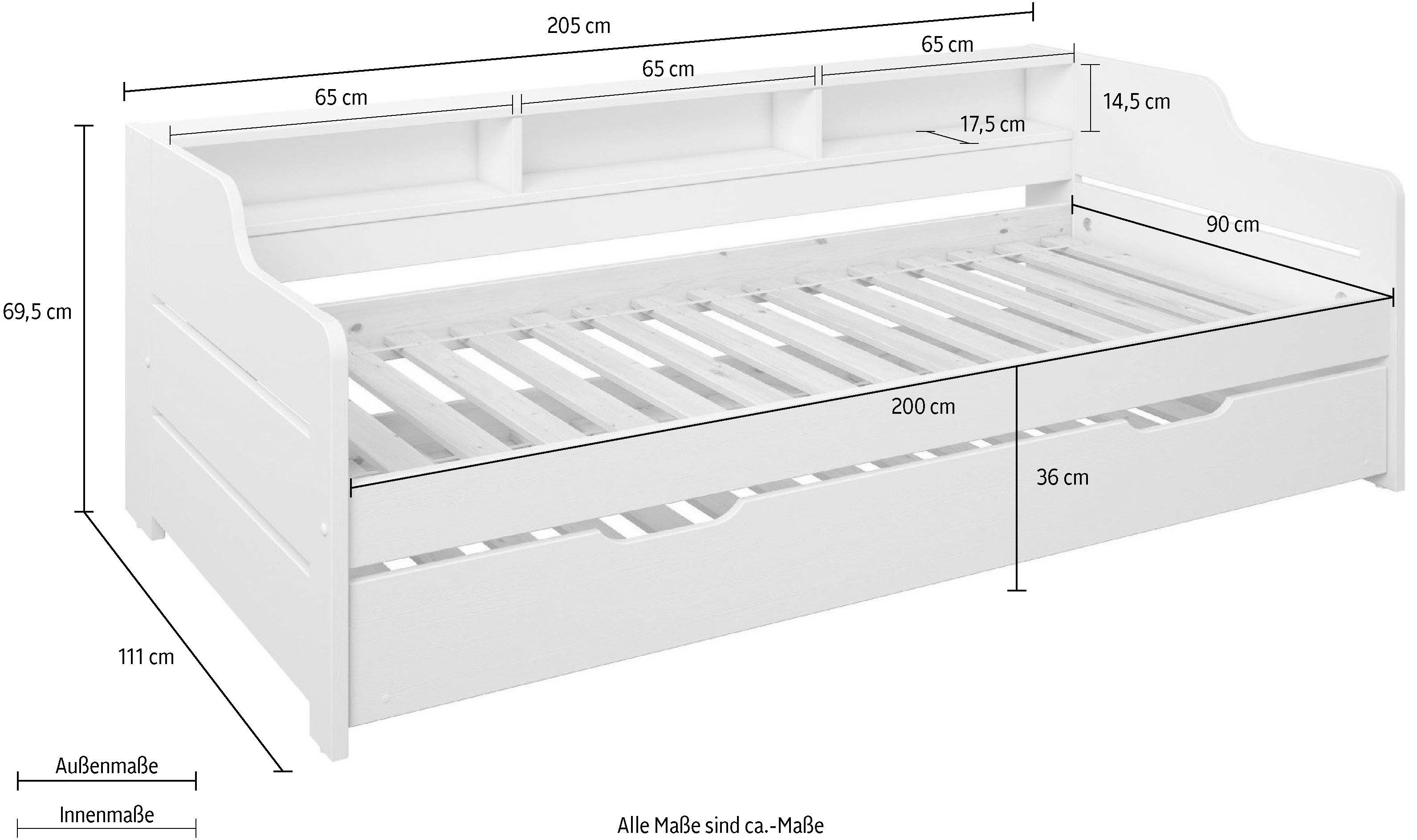 Home affaire Slaapbank "REETE1", Opbergruimte, Functiebed, Kinderbed, inclusief lade met planken, fsc® gecertificeerd massief hout (dennen), landhuisstijl