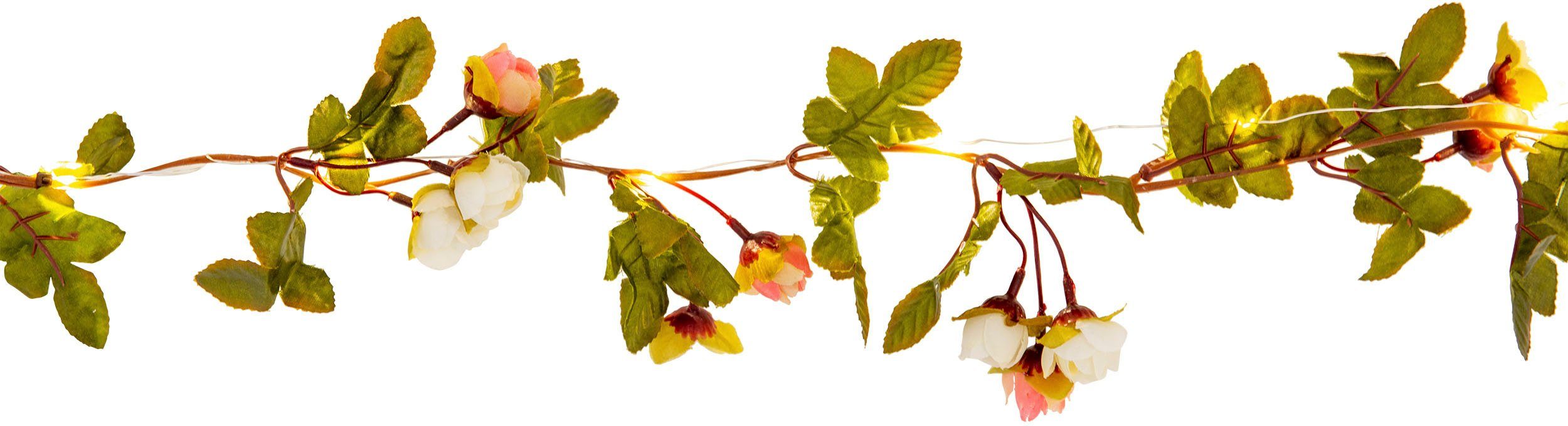 näve Led-lichtsnoer Roosjes witte en roze rozenbloemen, warmwitte led, lengte 420 cm, aansluitkabel 5 m (1 stuk)