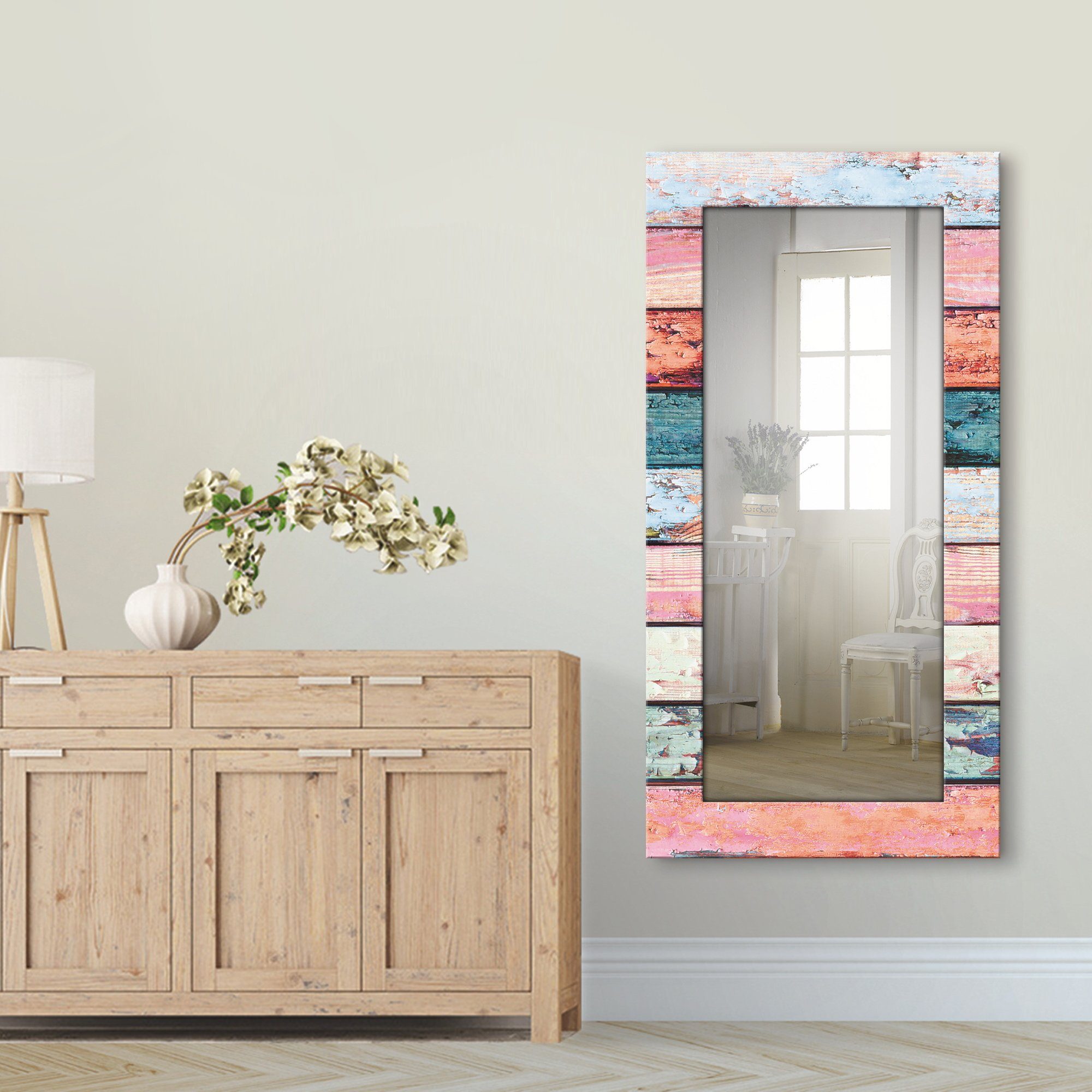 Artland Sierspiegel Veelkleurige houten planken ingelijste spiegel voor het hele lichaam met motiefrand, geschikt voor kleine, smalle hal, halspiegel, mirror spiegel omrand om op t