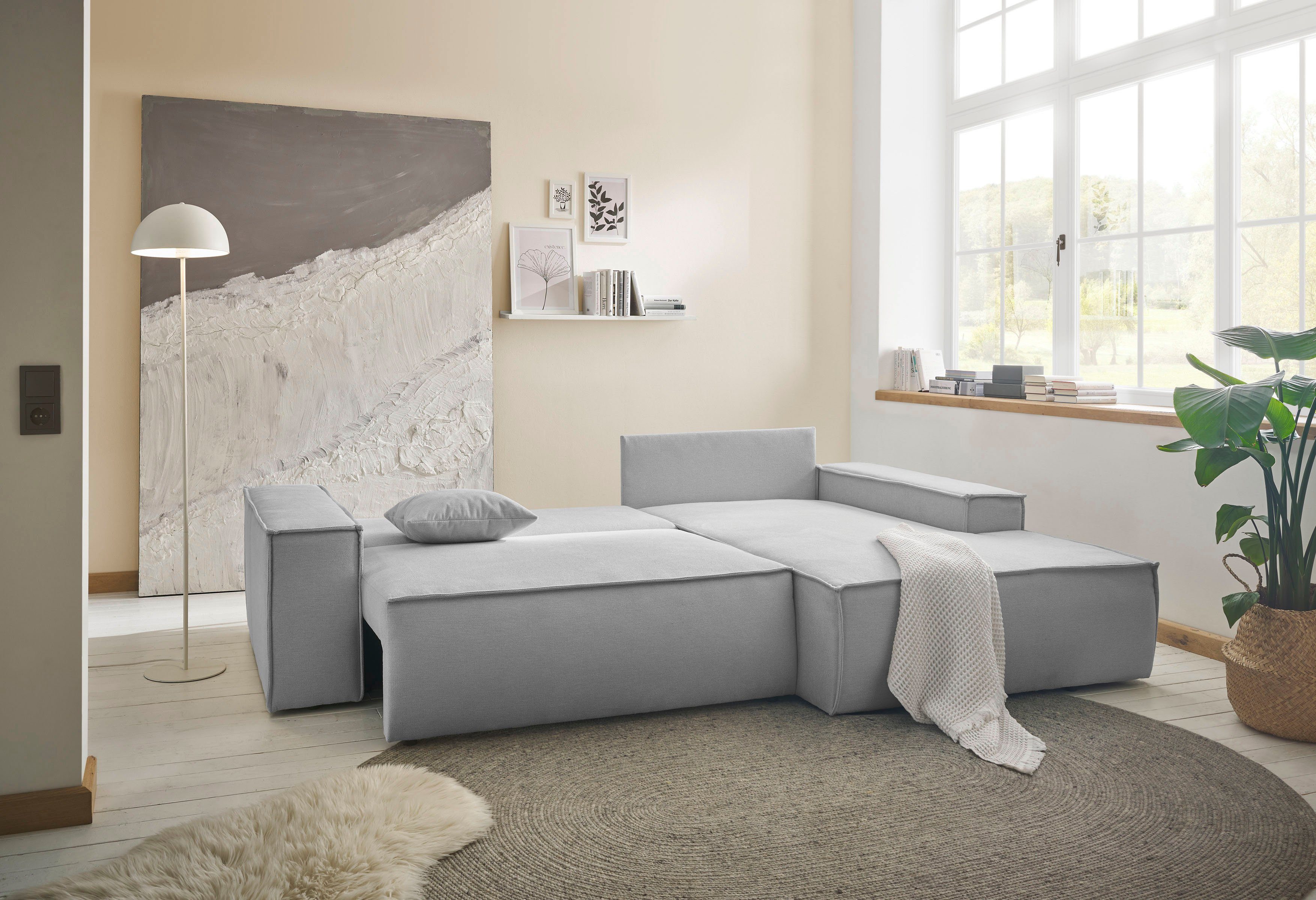 andas Hoekbank Finnley slaapbank 267 cm in Bouclé, fijne structuur en cord, L-vorm