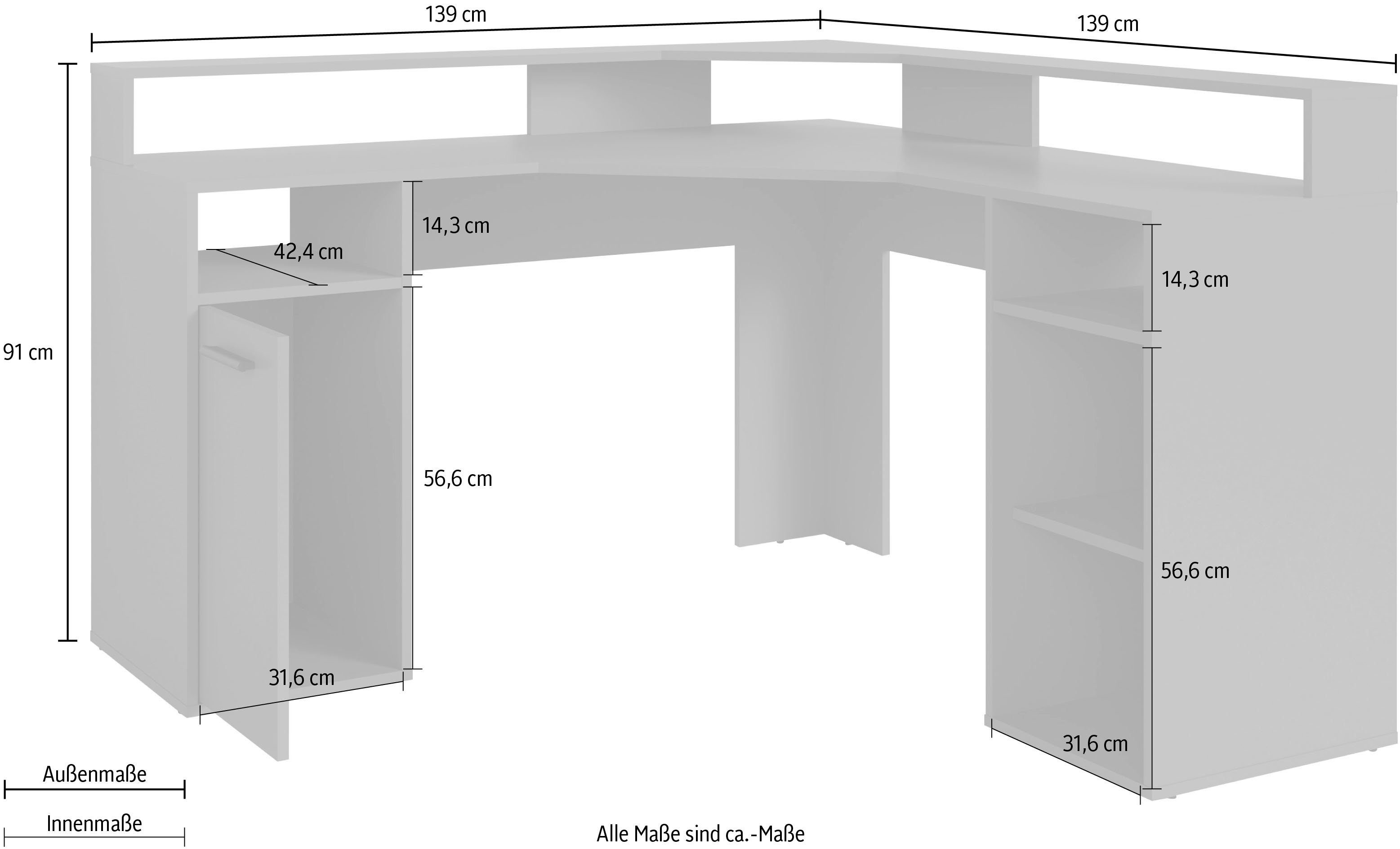 byLIVING Gamingtafel Fox Breedte 139 cm, modern hoekbureau