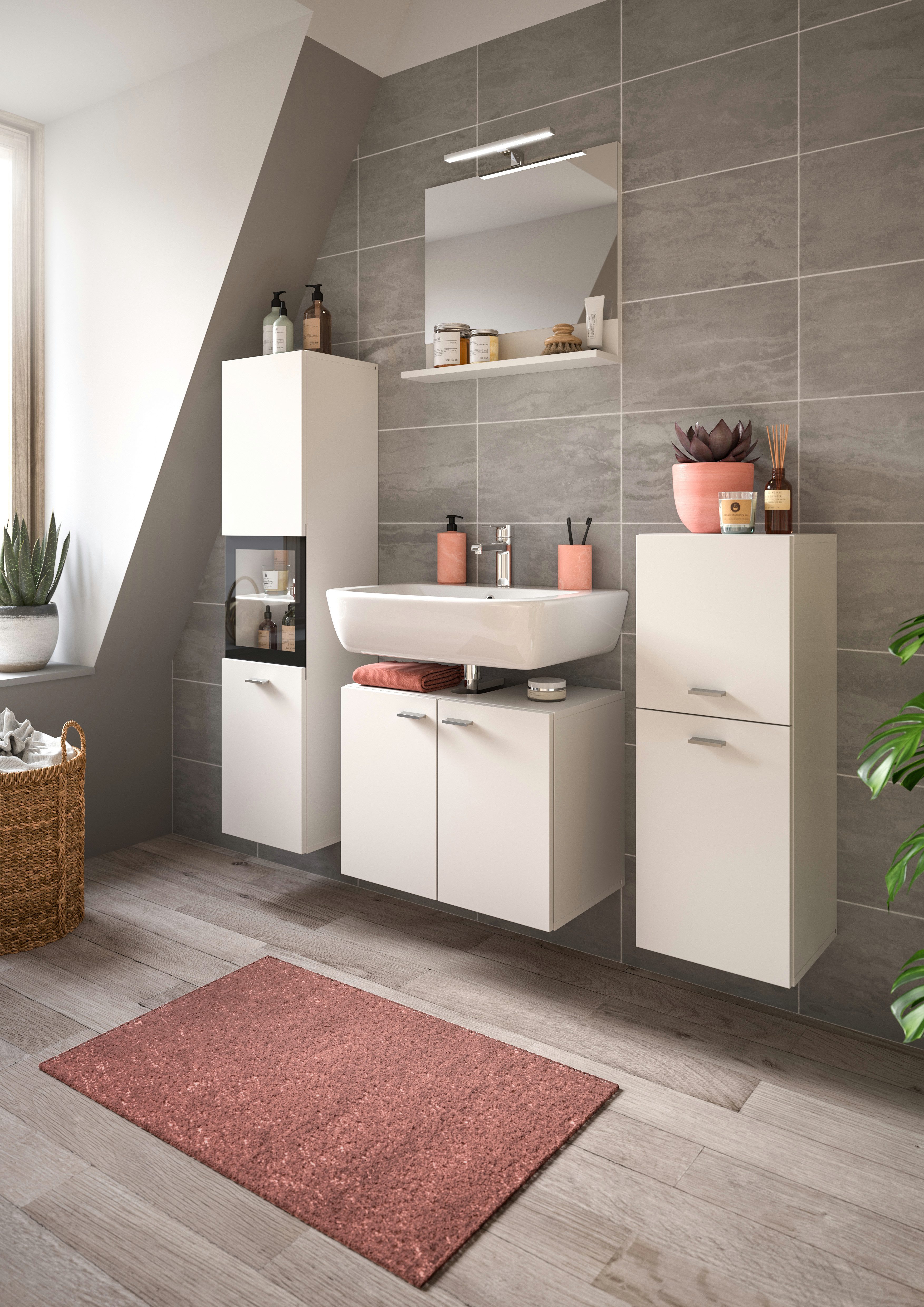 welltime Badmeubelset Tampa, breedte 137cm, 4-delig Wastafelonderkast, spiegel, hoge kast, midikast (4 stuks)