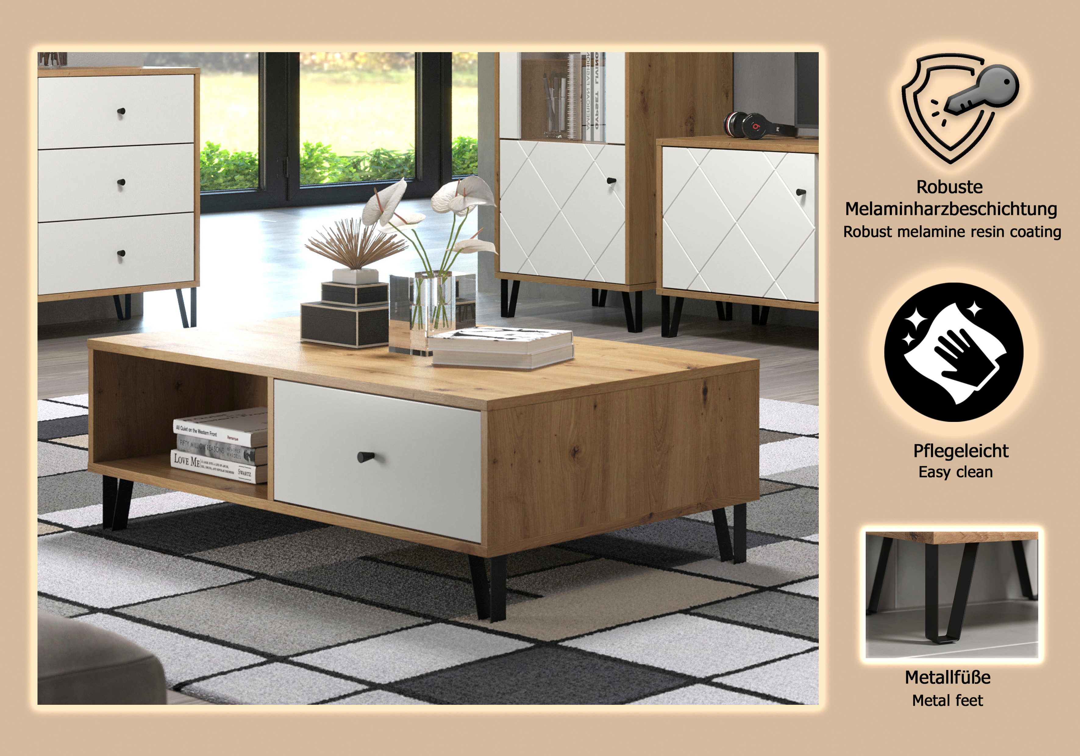 Places of Style Salontafel Tarragona Salontafel met 2 planken en 2 lades met metalen poten