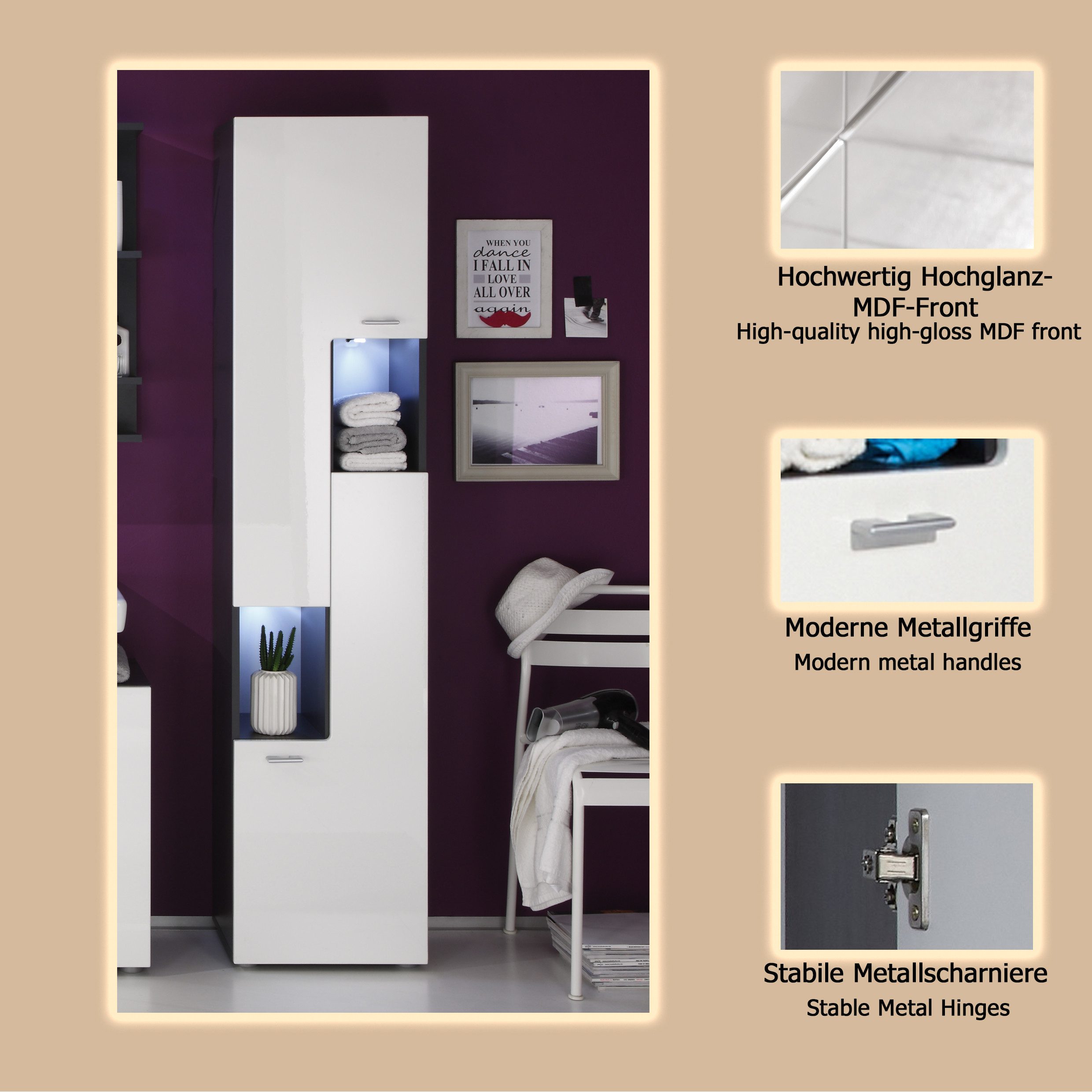 welltime Hoge kast TIAS Hoge kast met 4 legplanken - (B/D/H) 40/30/182 cm