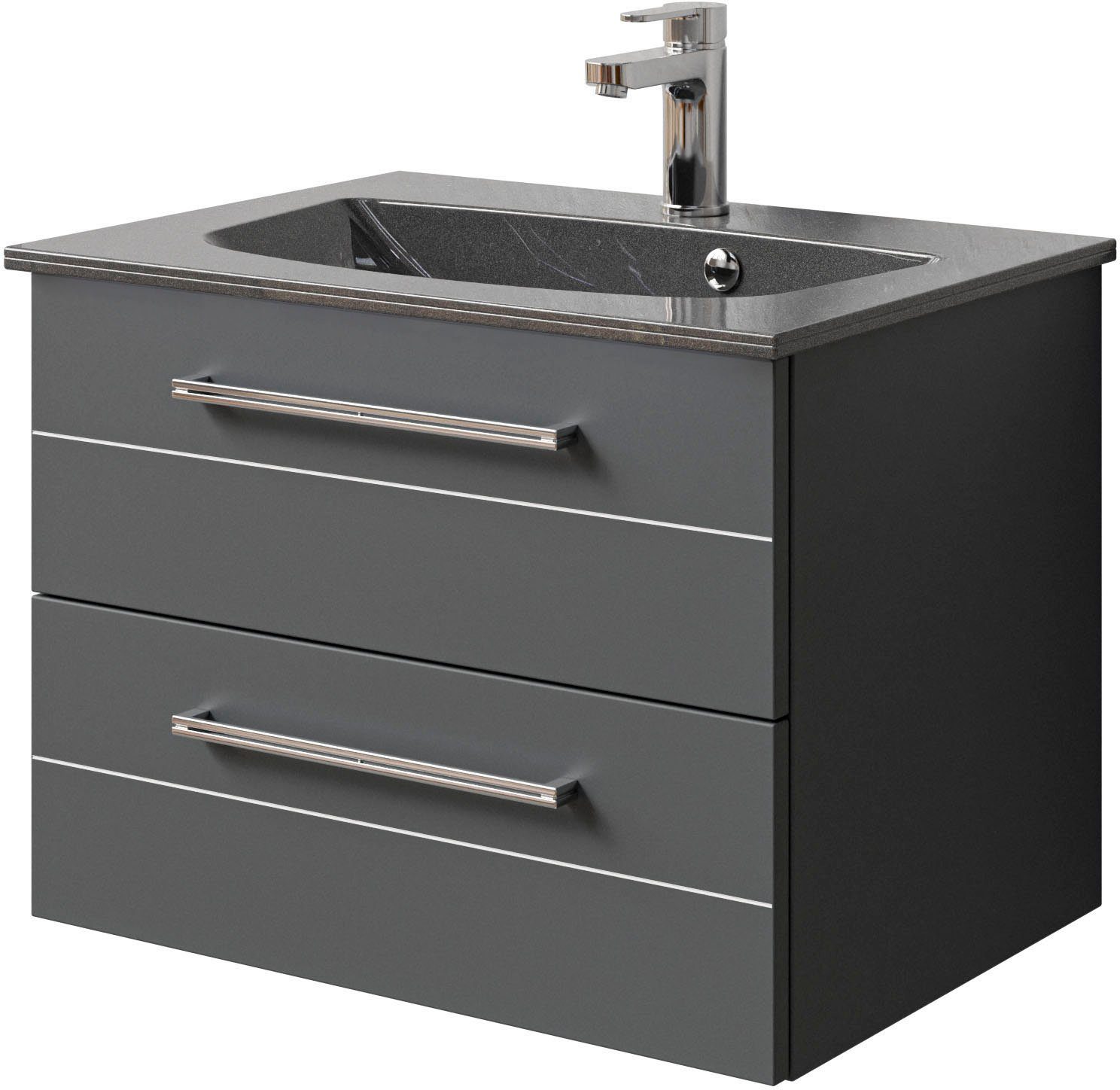 Saphir Wastafelonderkast Serie 6025 mineraalmarmeren wastafel met onderkast, 67 cm breed (2-delig) wastafelmeubels grijs