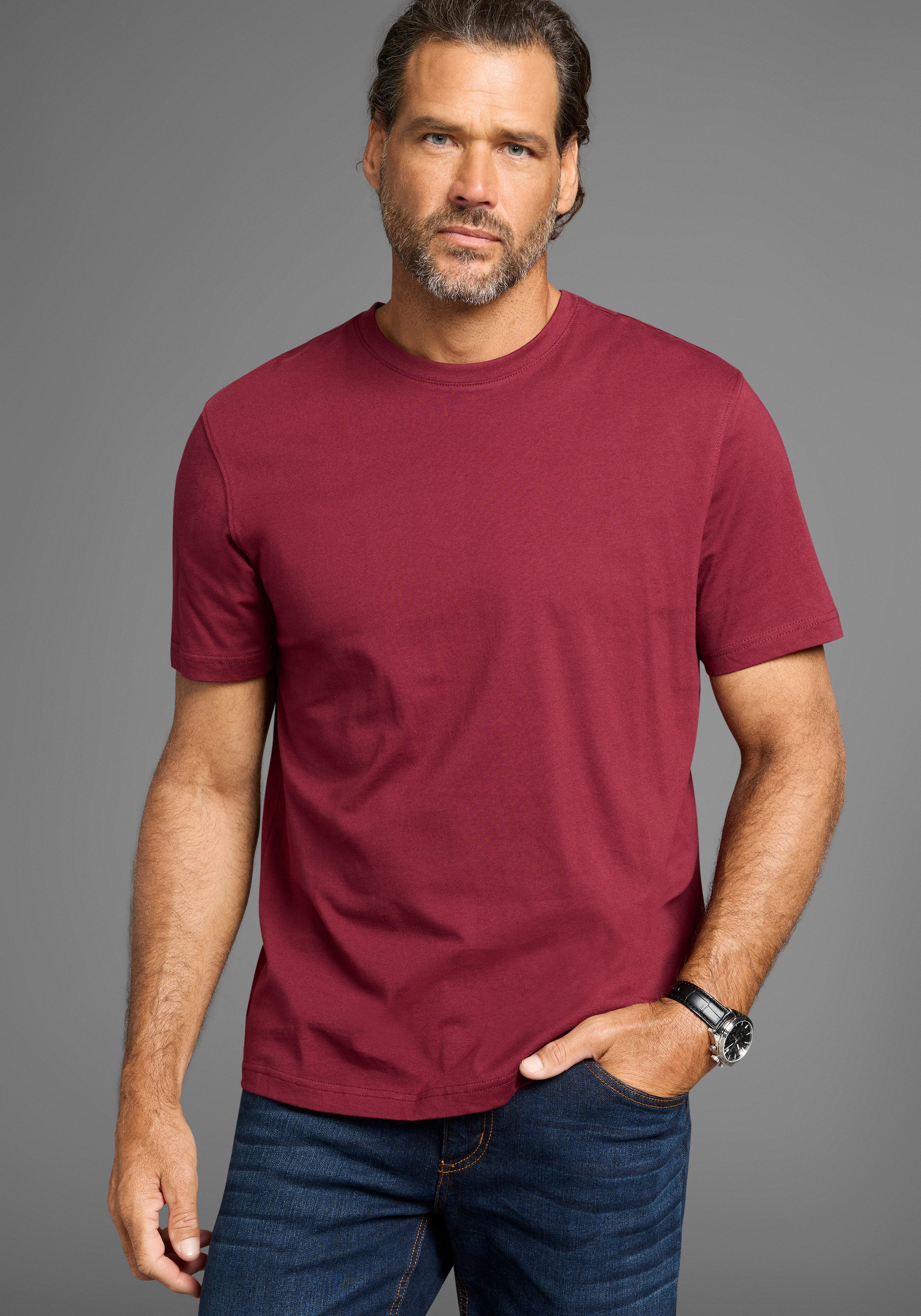 Man's World Shirt met ronde hals Korte mouwen, regular fit, effen, ronde hals, van katoen (5-delig, Set van 5)