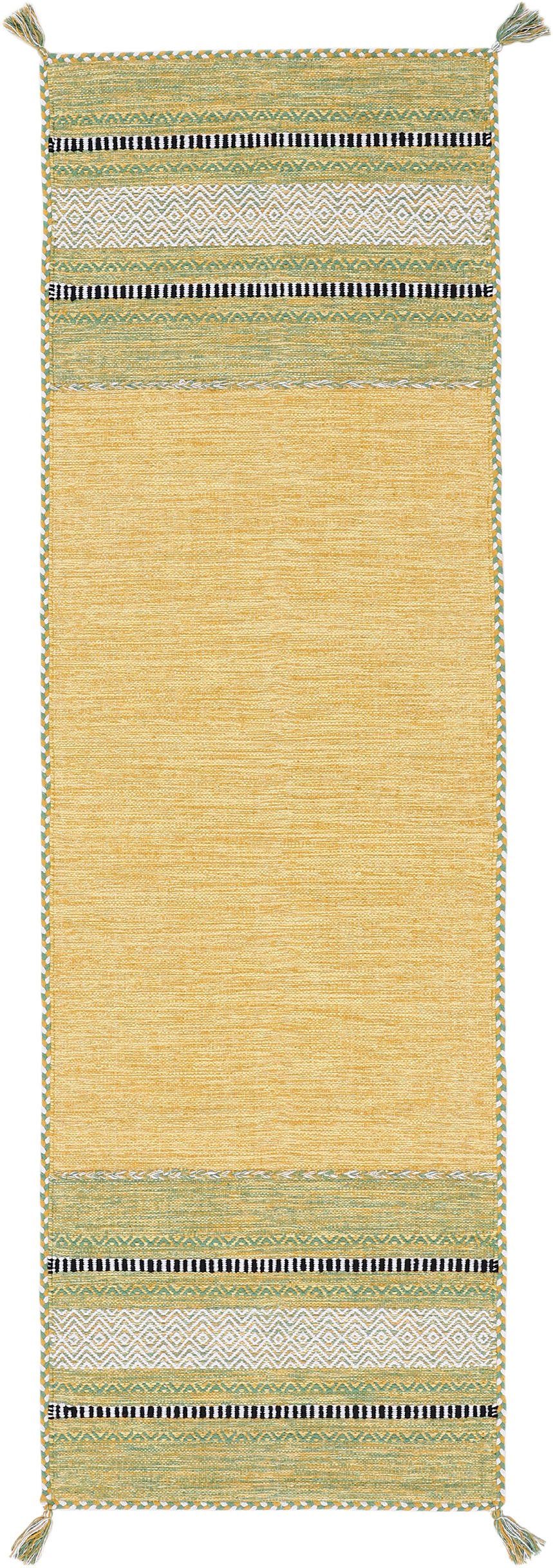 carpetfine Loper Kelim Azizi Katoenen, tweezijdig te gebruiken kleed met franje, woonkamer lopers maat 80x400 cm geel