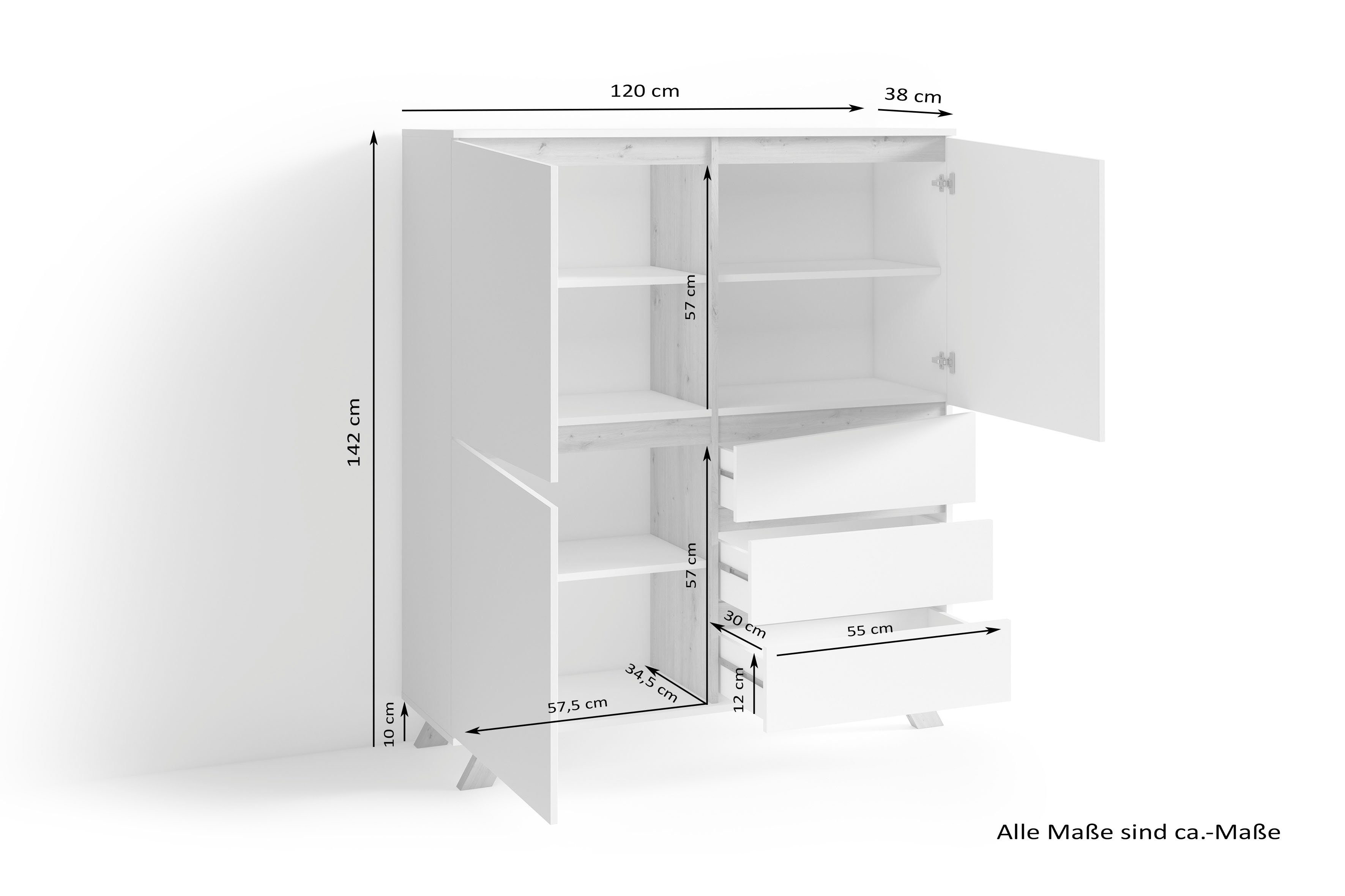 INOSIGN Highboard VALENTIN 3 lades en 3 deuren, breedte 120 cm in modern scandi-design