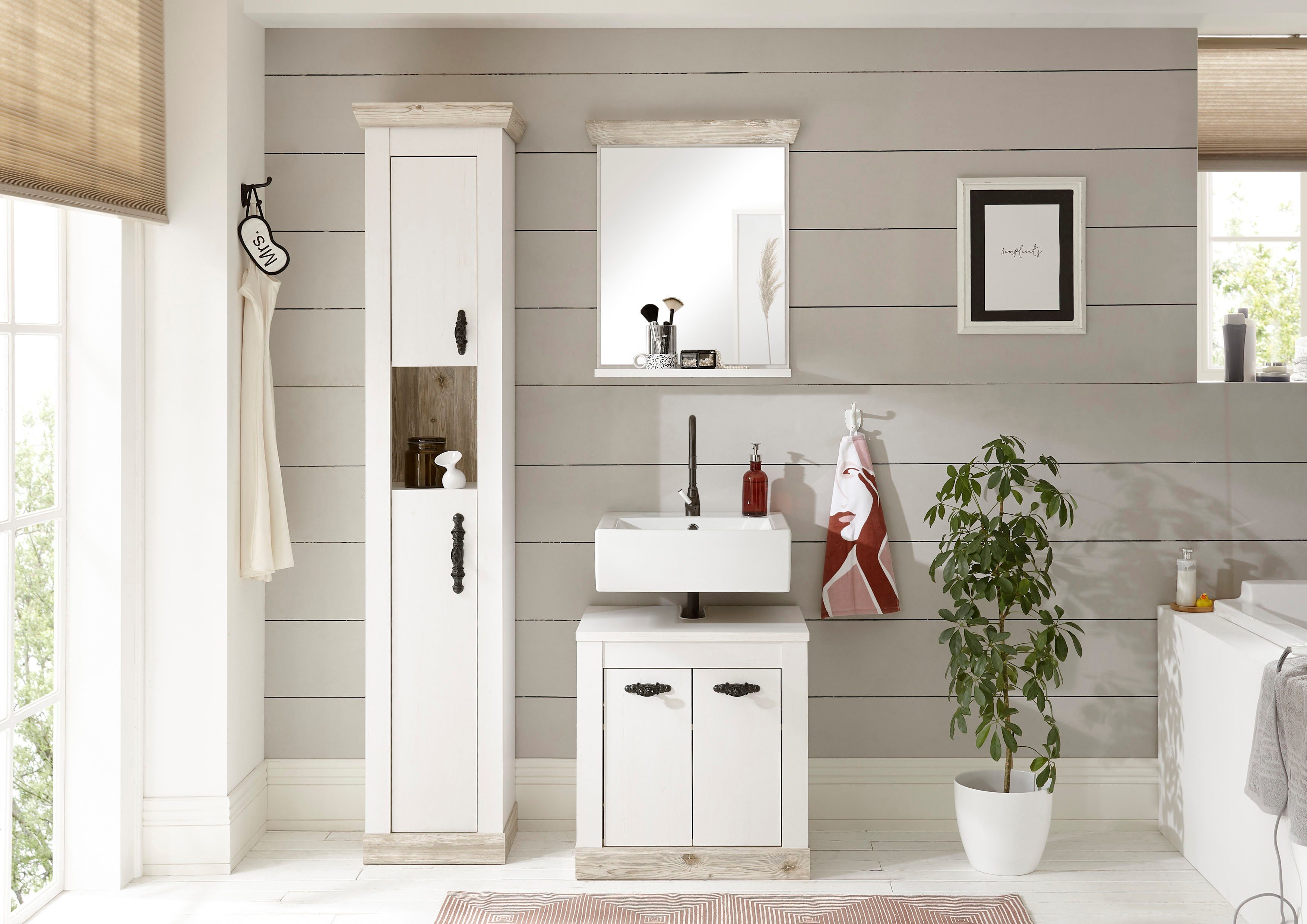 Home affaire Badspiegel Florenz, spiegel in landhuisstijl in pinie wit, met opbergruimte, breedte 60 cm