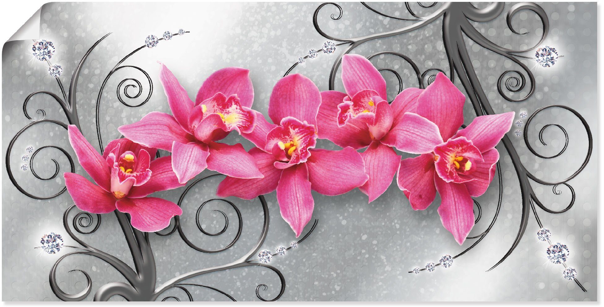 Artland Artprint Roze pioenrozen in glazen vaas - Roze orchideeën op ornamenten in vele afmetingen & productsoorten - artprint van aluminium / artprint voor buiten, artprint op lin