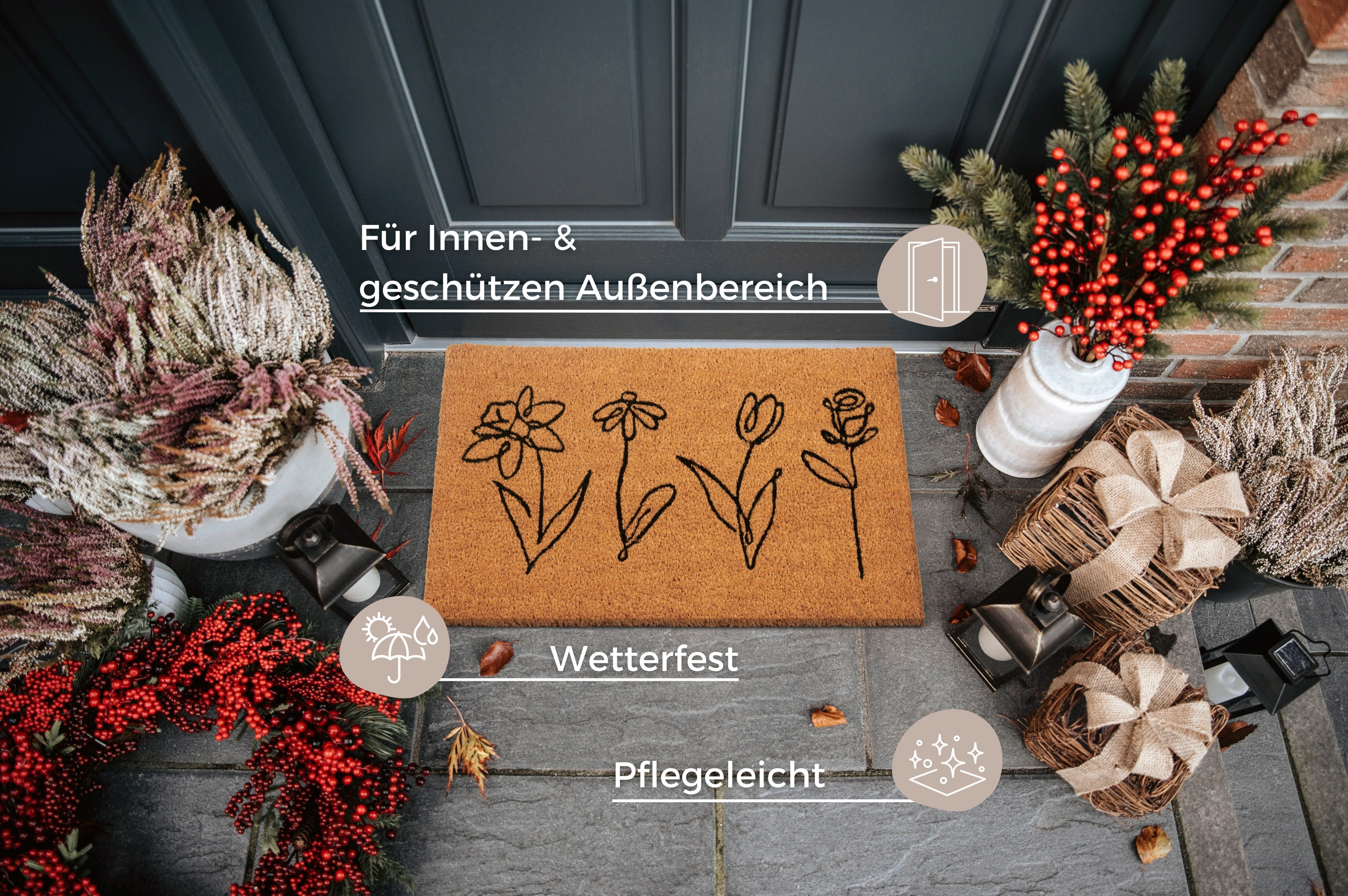HANSE Home Mat Kokos Line-Art Flowers, deurmat Vuilafstotende mat, antislip, buiten, binnen, buiten, kokosmat, gang