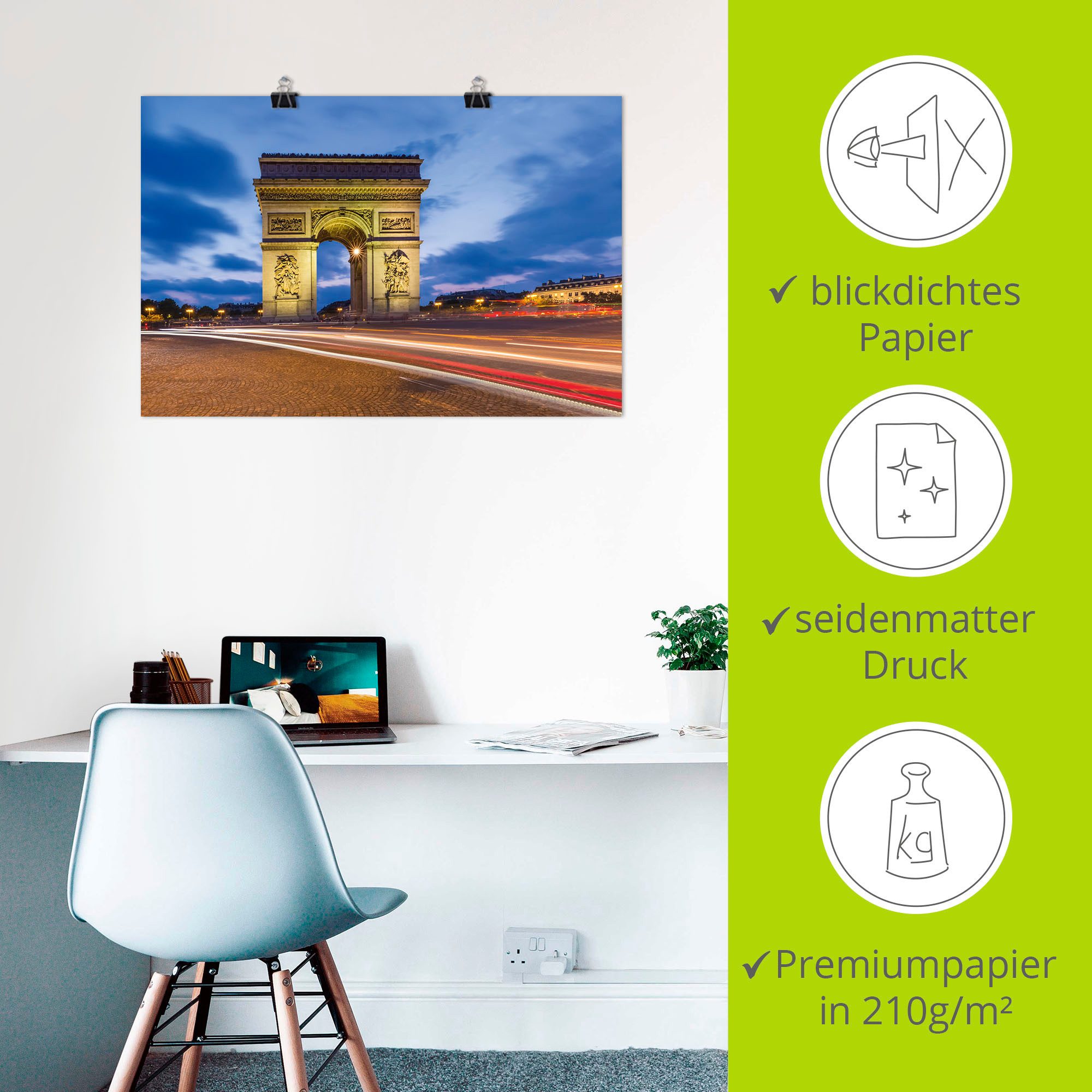 Artland Poster Parijs Triomfboog 's avonds als artprint van aluminium, artprint op linnen, muursticker of poster in verschillende maten