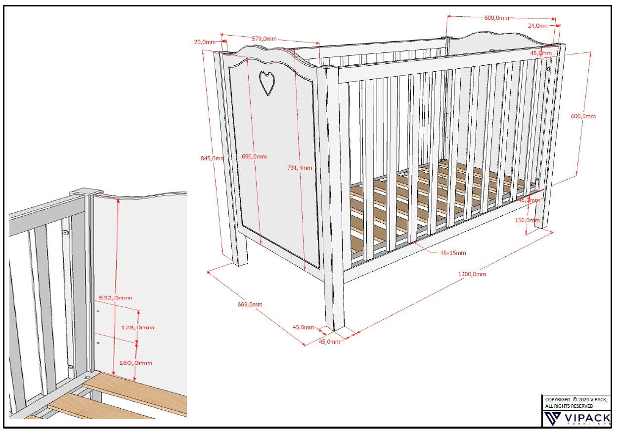 Vipack Complete babykamerset Amori 4-delig met hartornamenten, MDF/massief wit gelakt (4-delig)