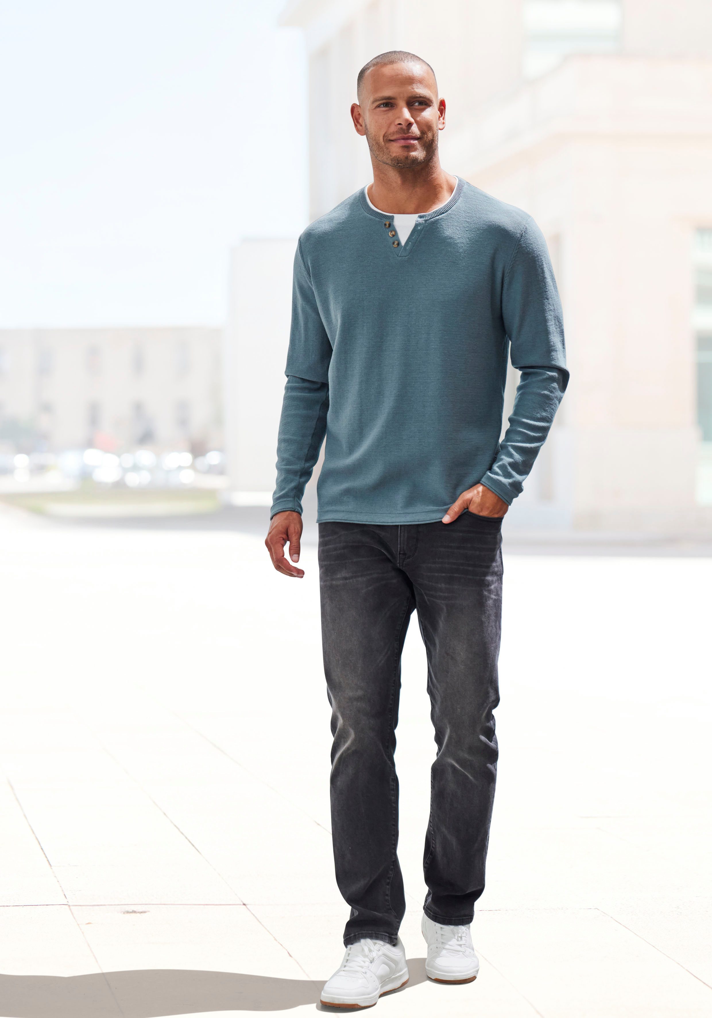 H.I.S Gebreide trui Pullover met hoogwaardige halsafwerking in double-layer look
