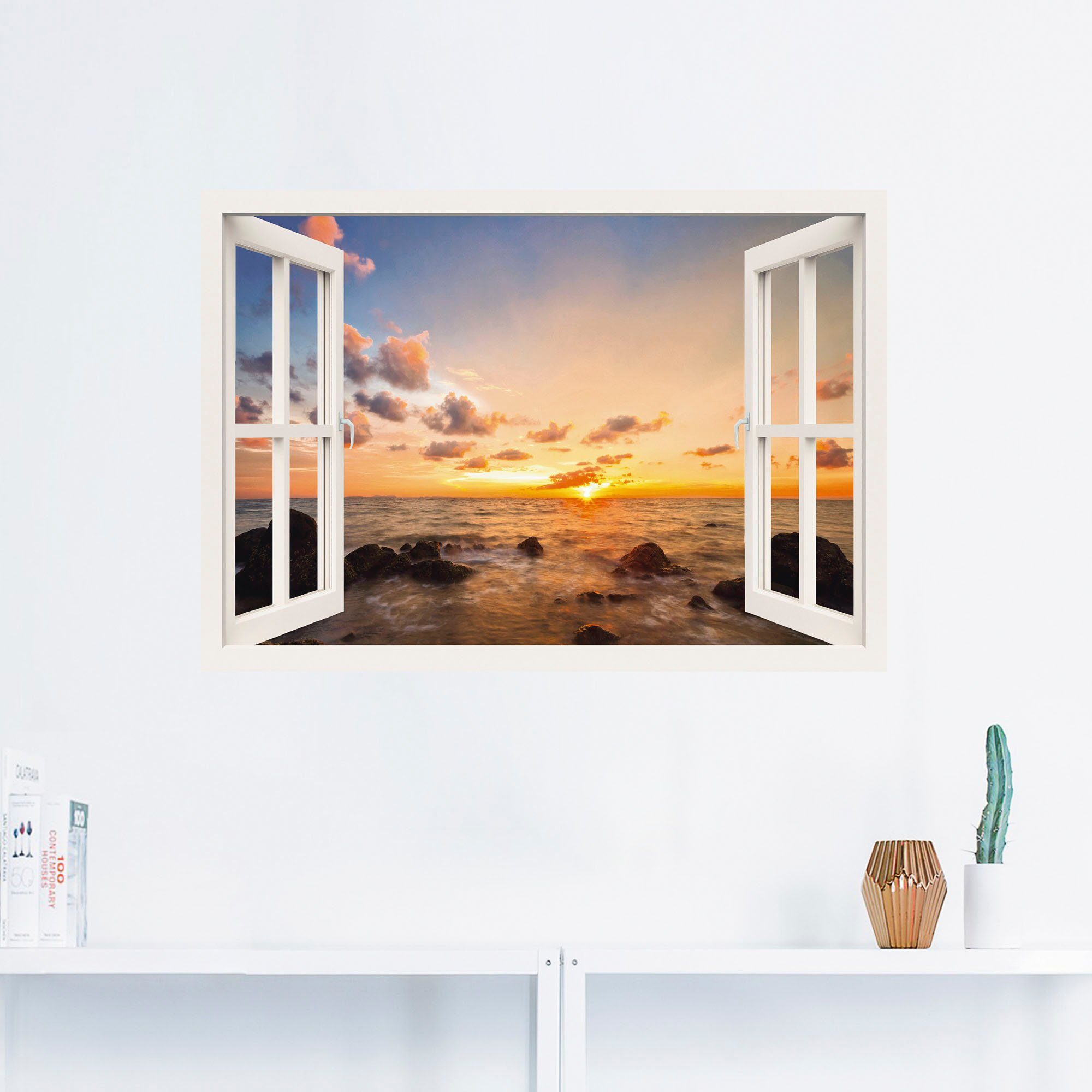 Artland Artprint Blik uit het venster zonsondergang aan zee als artprint van aluminium, artprint op linnen, muursticker, verschillende maten
