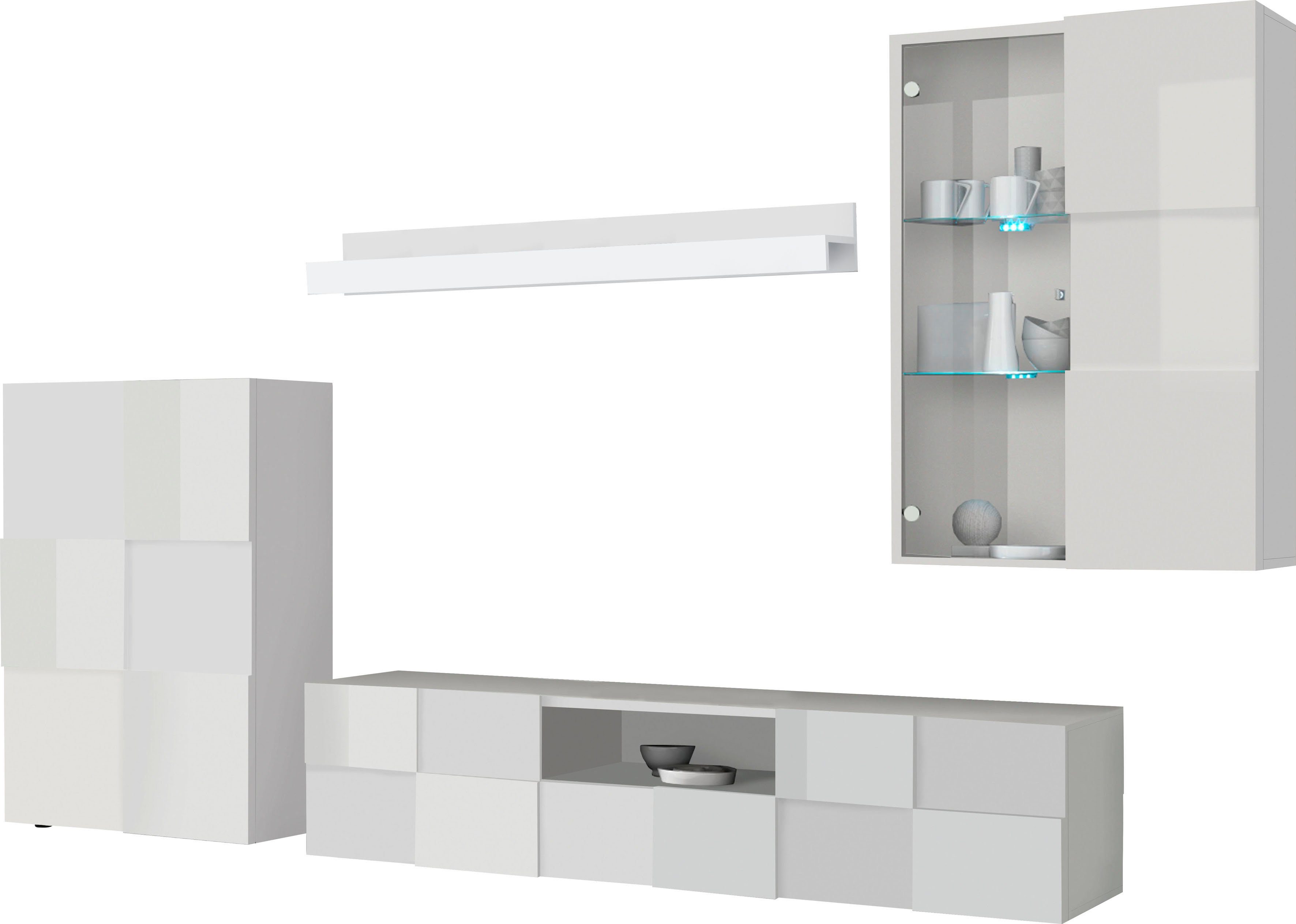 INOSIGN Wandmeubel Dama, 4-delig breedte 300 cm, hoogte 200 cm, moderne aanbouwwand in 3D-look (set, 4-delig) tv-wandmeubels wit