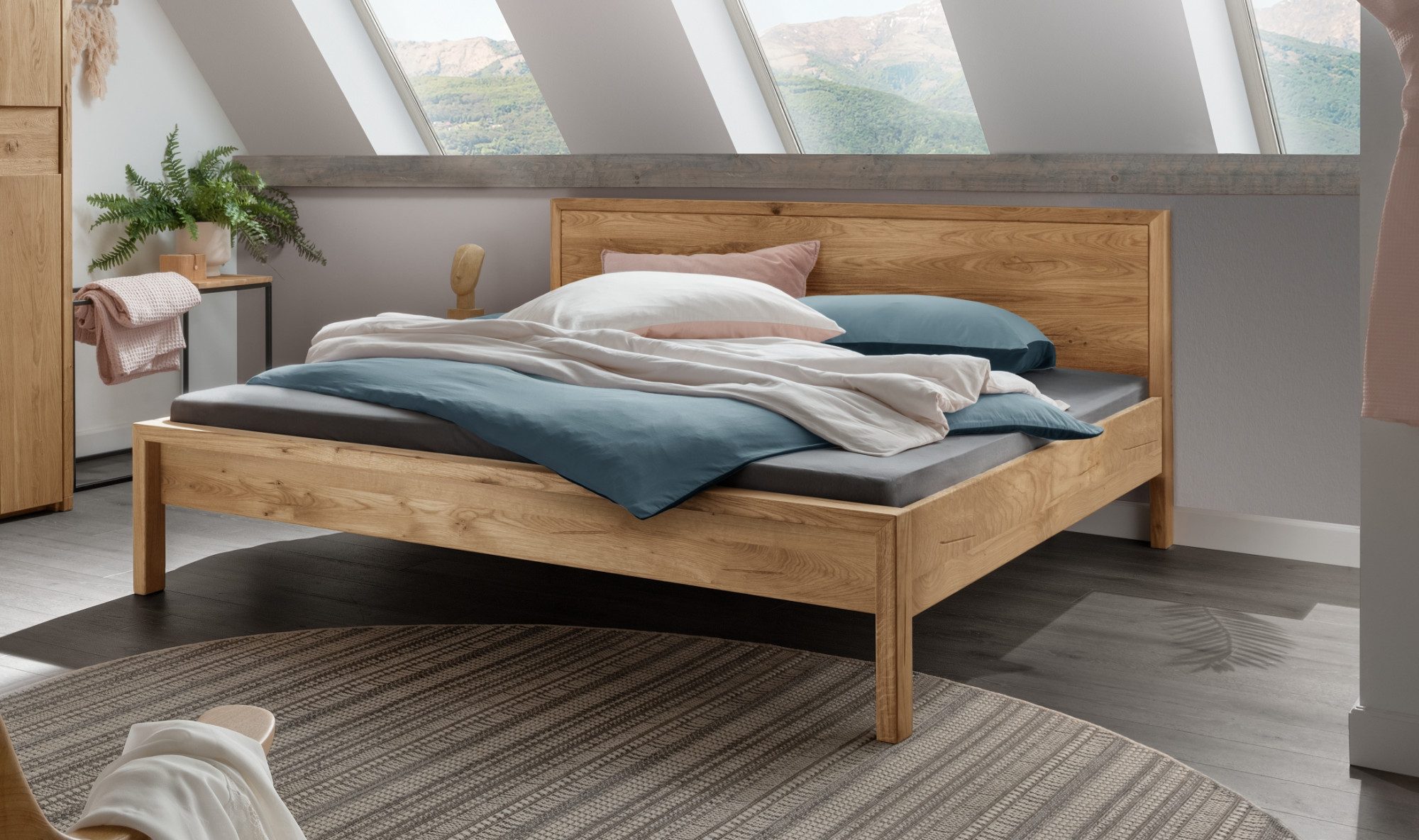 Home affaire Massief houten ledikant Huven tweepersoonsbed, Houten bed Eik massief met laag voetdeel en hoofdeinde met houten frame (1-delig) bedden