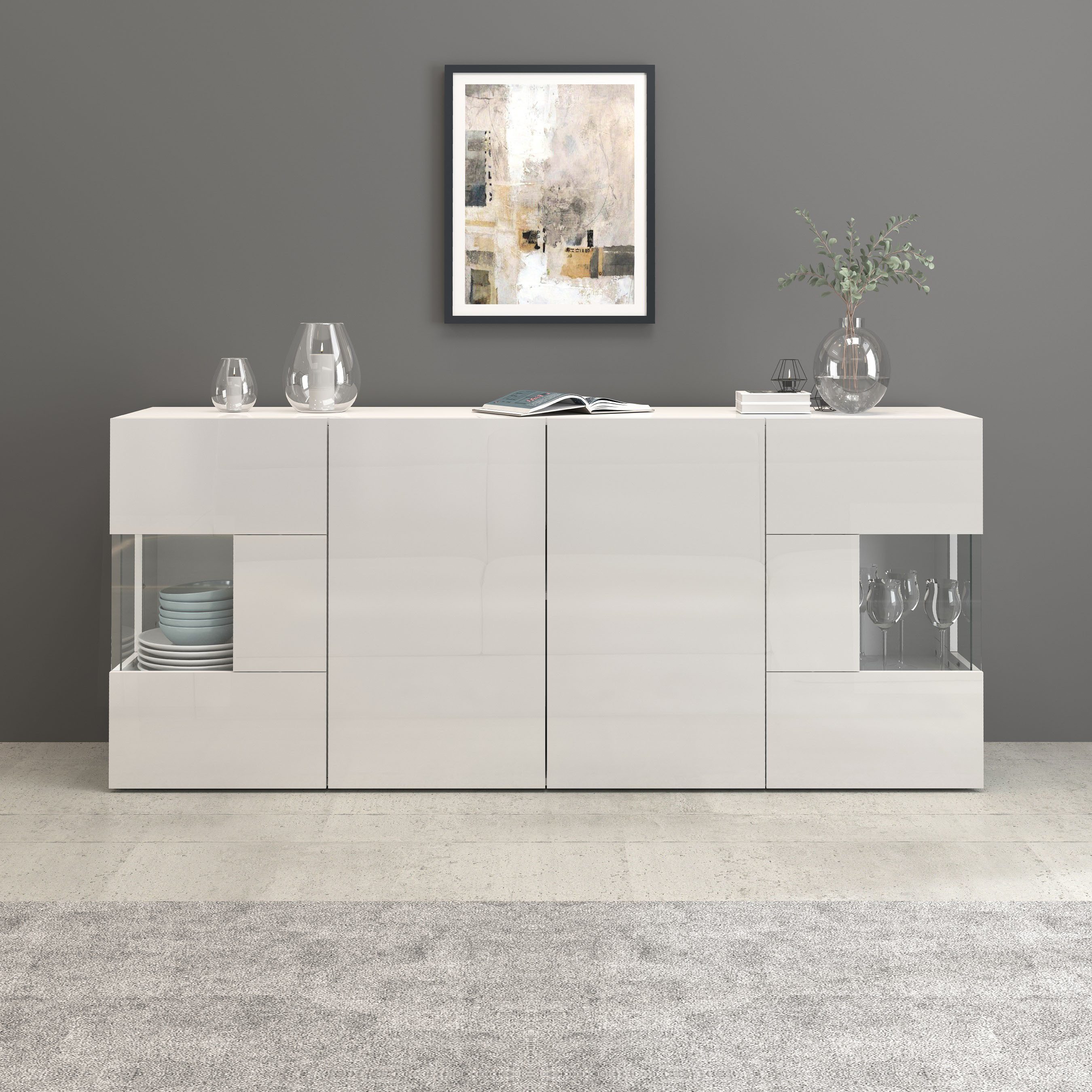 INOSIGN Dressoir Egypte, Ladekast, Kast, Buffet, Vitrine greeploos 4 deuren waarvan 2 met glas inzet, compleet hoogglans gelakt, breedte 180