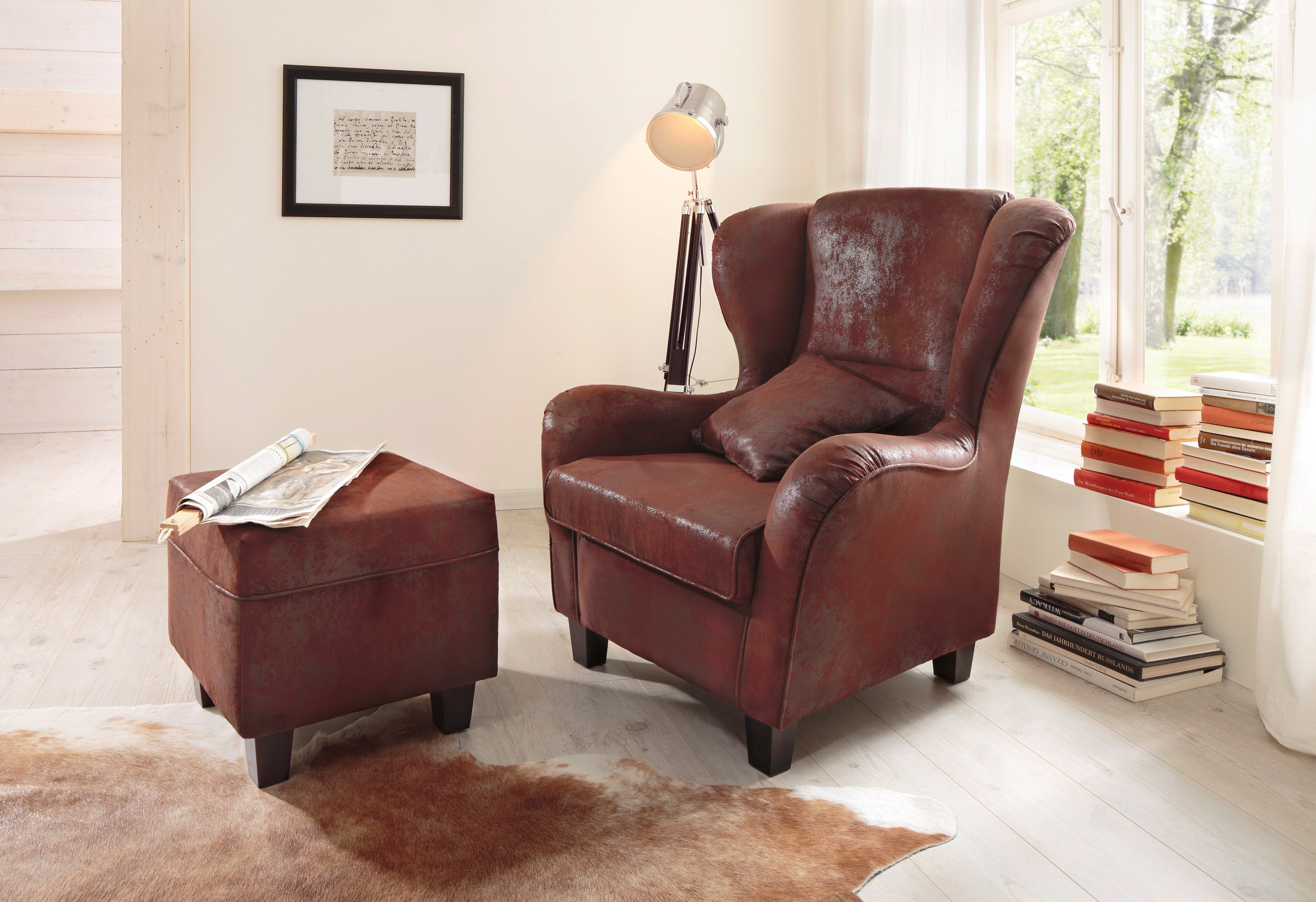 Home affaire Fauteuil Oliver met hocker, microvezel antiek-look (2 stuks)