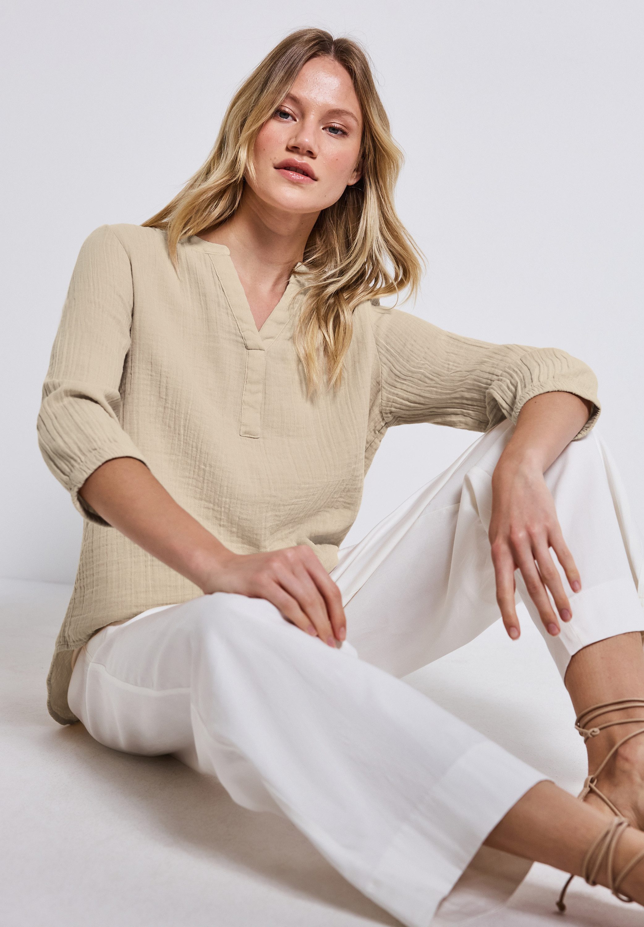 STREET ONE Overhemdblouse 3/4-mouw in mousseline-look