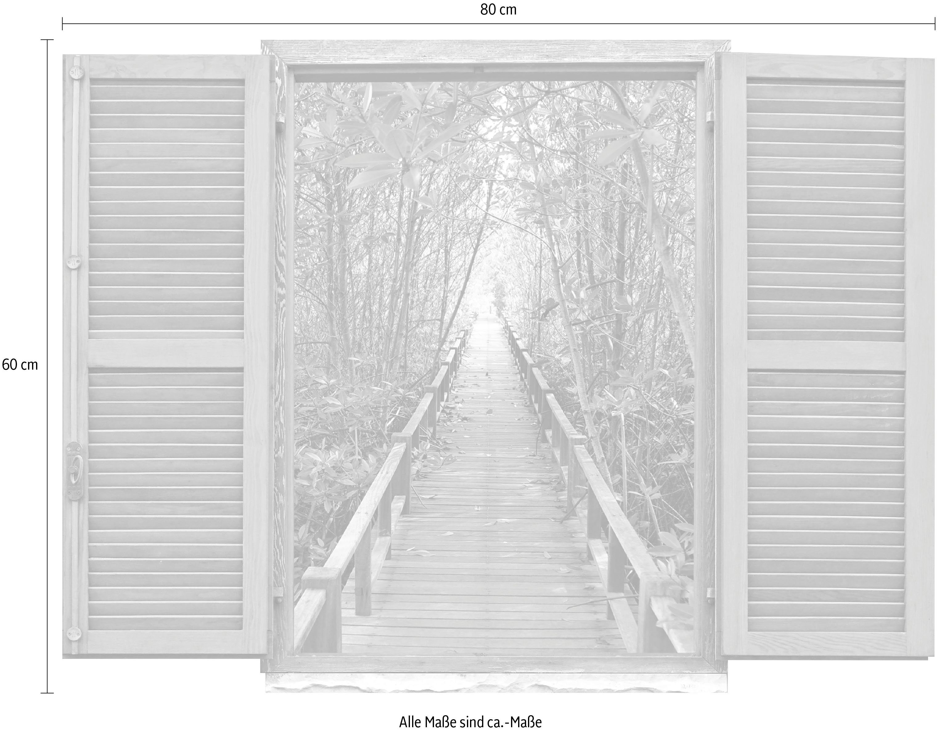 queence Wandfolie Brug in het bos Muursticker, muurdecoratie, zelfklevend, 3D, raam (1 stuk)