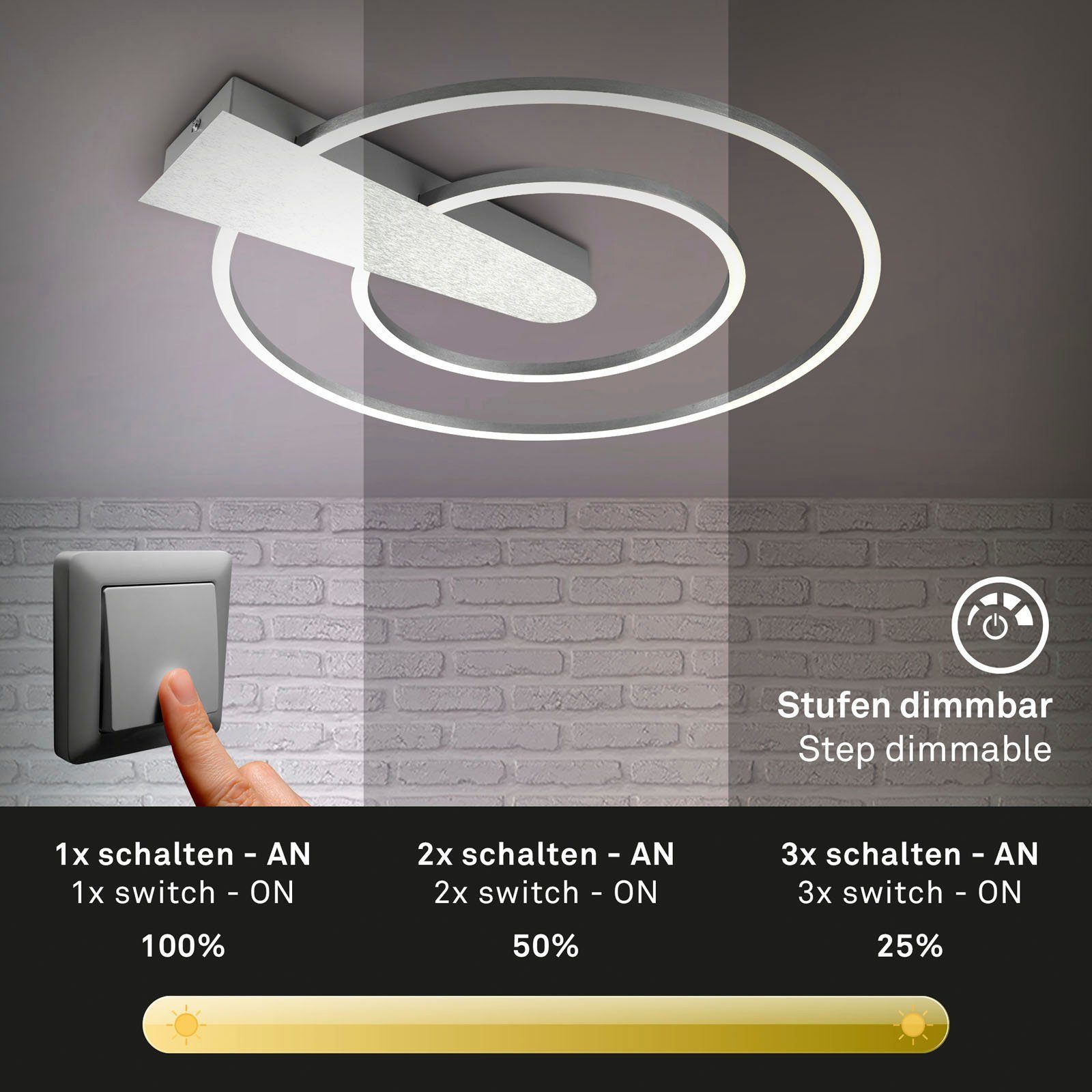 Briloner Leuchten Plafondlamp NICO DUO aluminiumkleurig, led, dimbaar, 3000 lumen, plafondlamp (1 stuk)