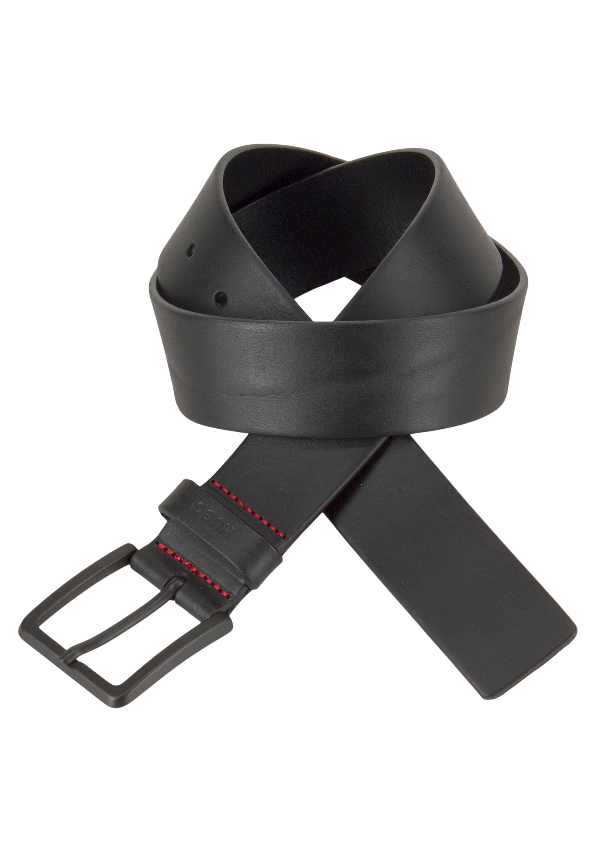 HUGO Leren riem Gionios-B_Sz40 Boss-embossing op de sluiting, rode siernaad