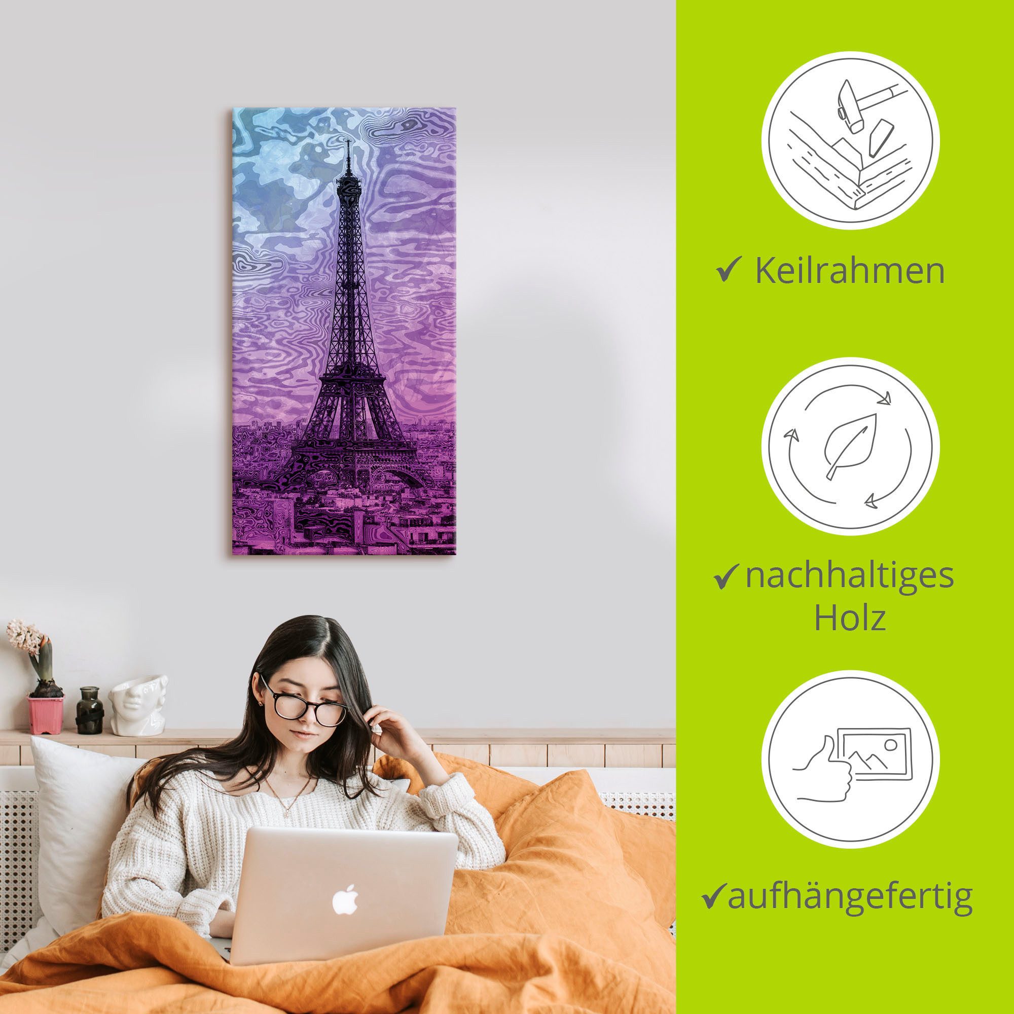 Artland Artprint Parijs Eiffeltoren paars/blauw als artprint van aluminium, artprint voor buiten, artprint op linnen in verschillende maten