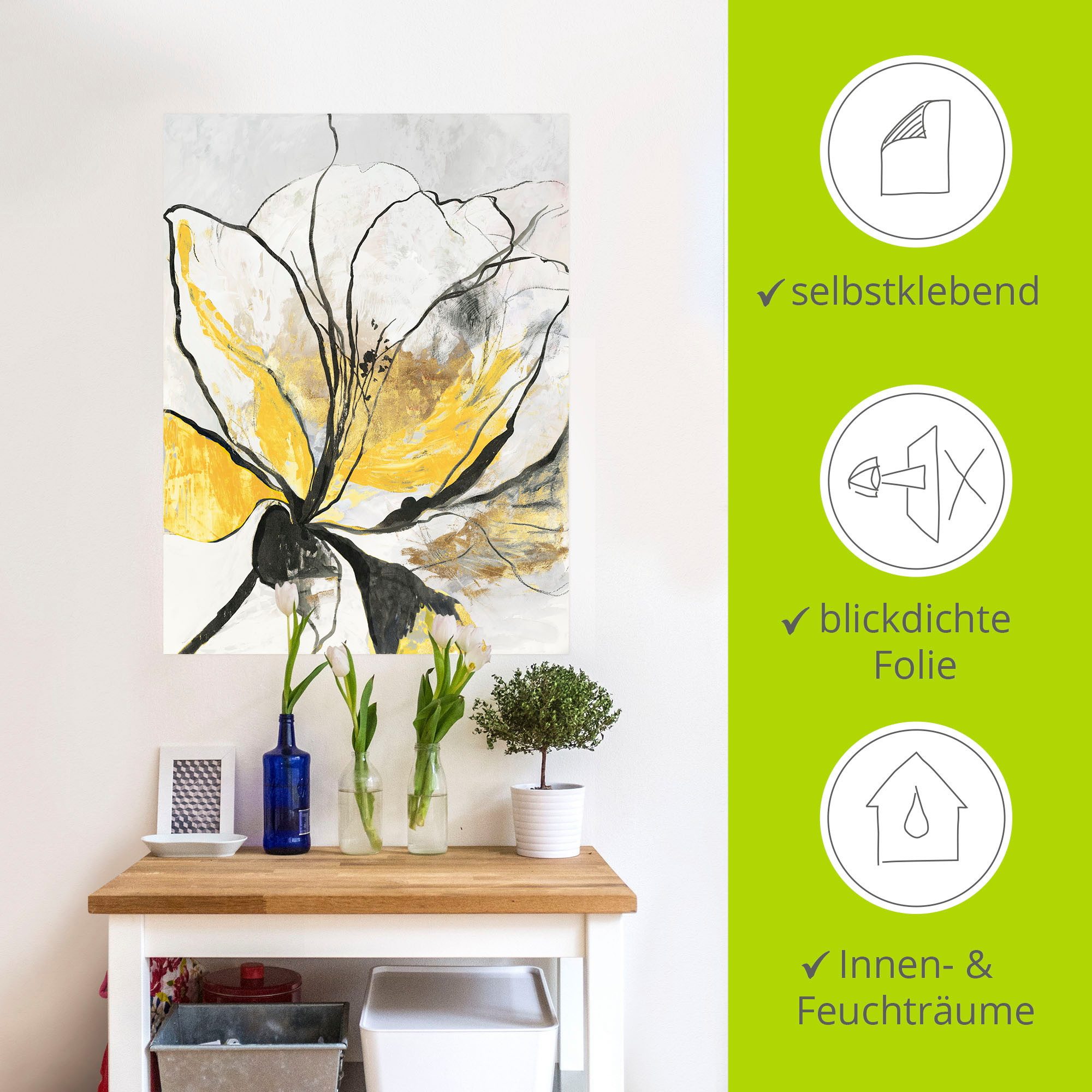 Artland Artprint Geschetst bloemdessin I gele versie als artprint van aluminium, artprint voor buiten, artprint op linnen, poster, muursticker