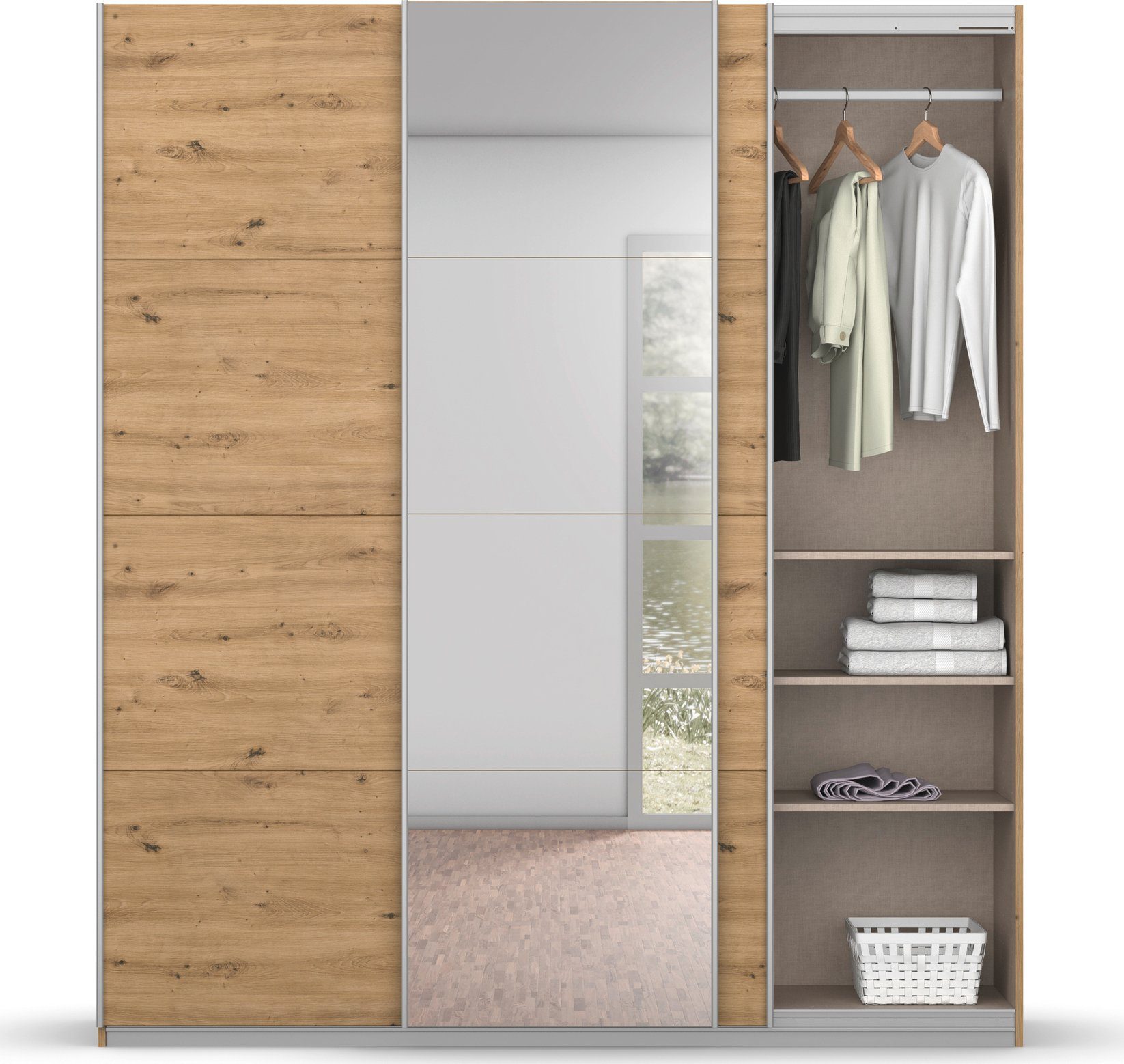 rauch Zweefdeurkast Kledingkast kast garderobe BESTSELLER KOLUNA met spiegel inclusief 2 binnenladen en extra legplanken made in germany