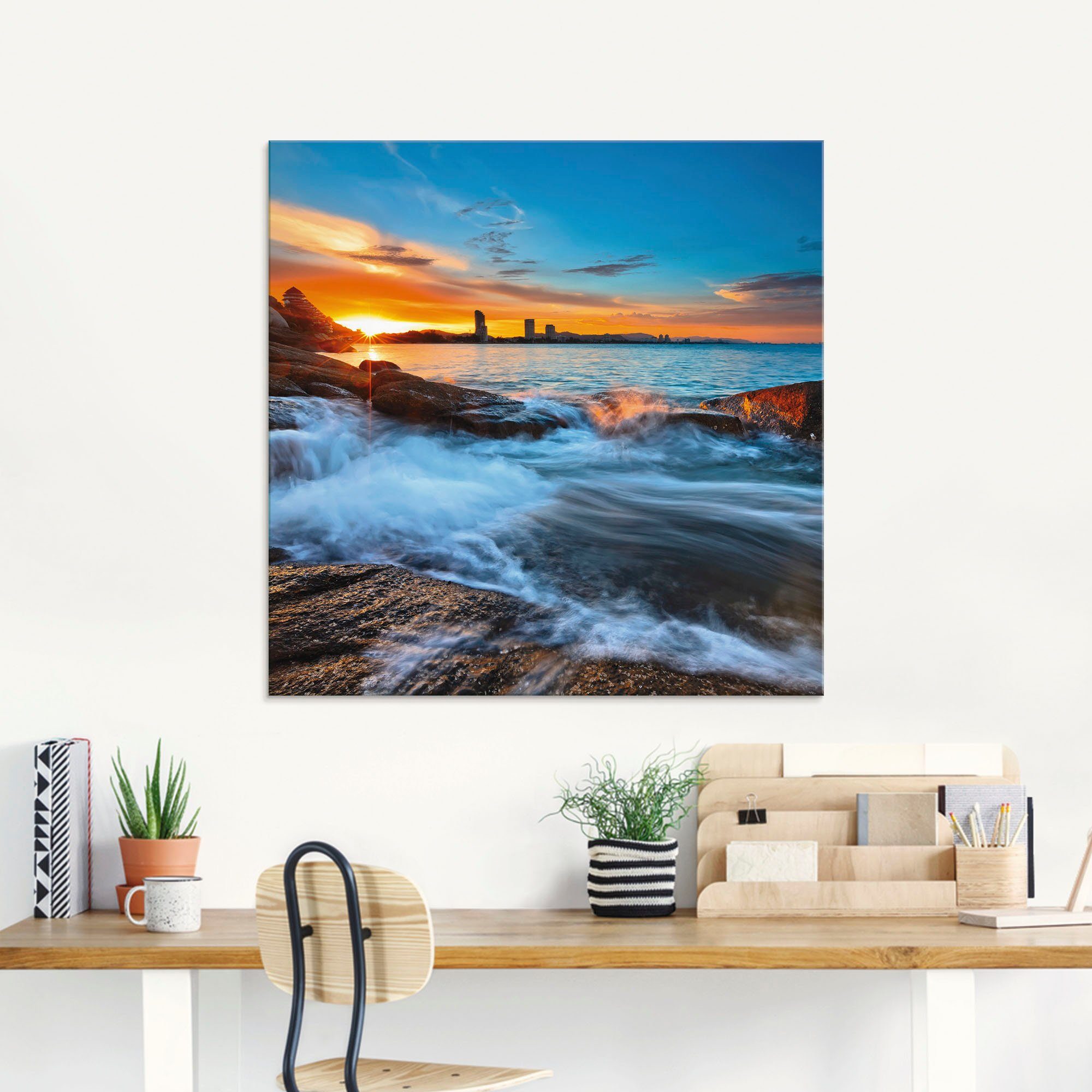 Artland Print op glas Zonsondergang op het strand van Hua-Hin