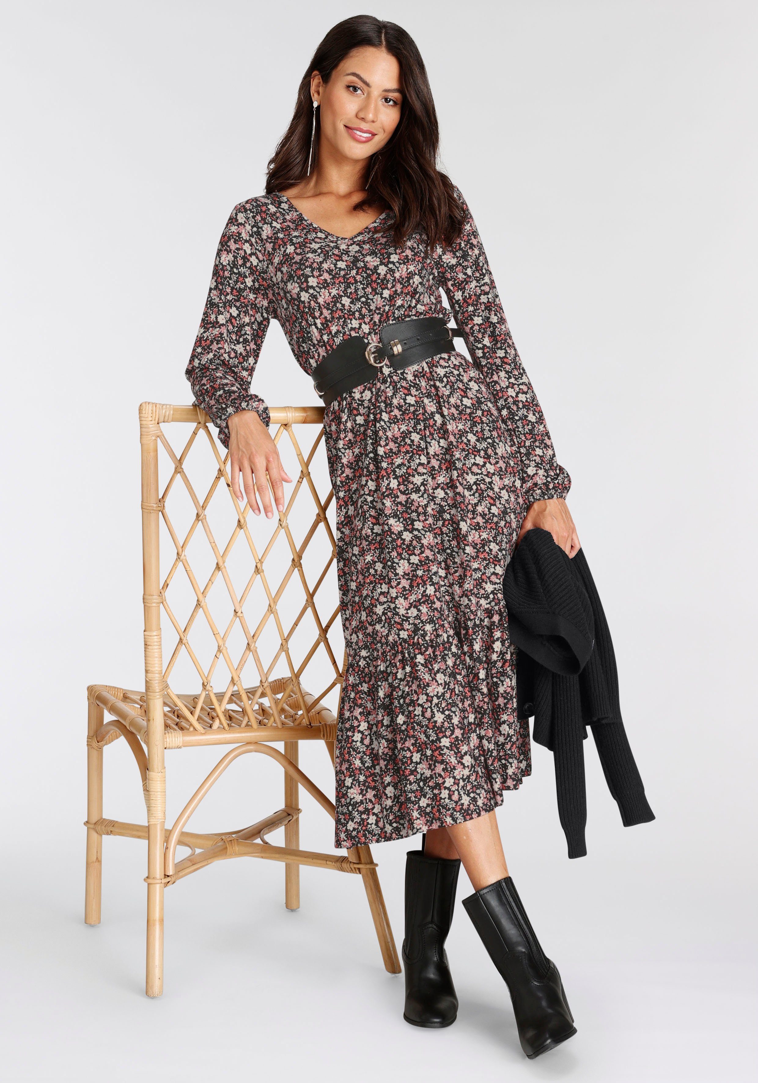 Laura Scott Midi-jurk kuitlang, gebloemde look, van viscosemix, lange mouwen