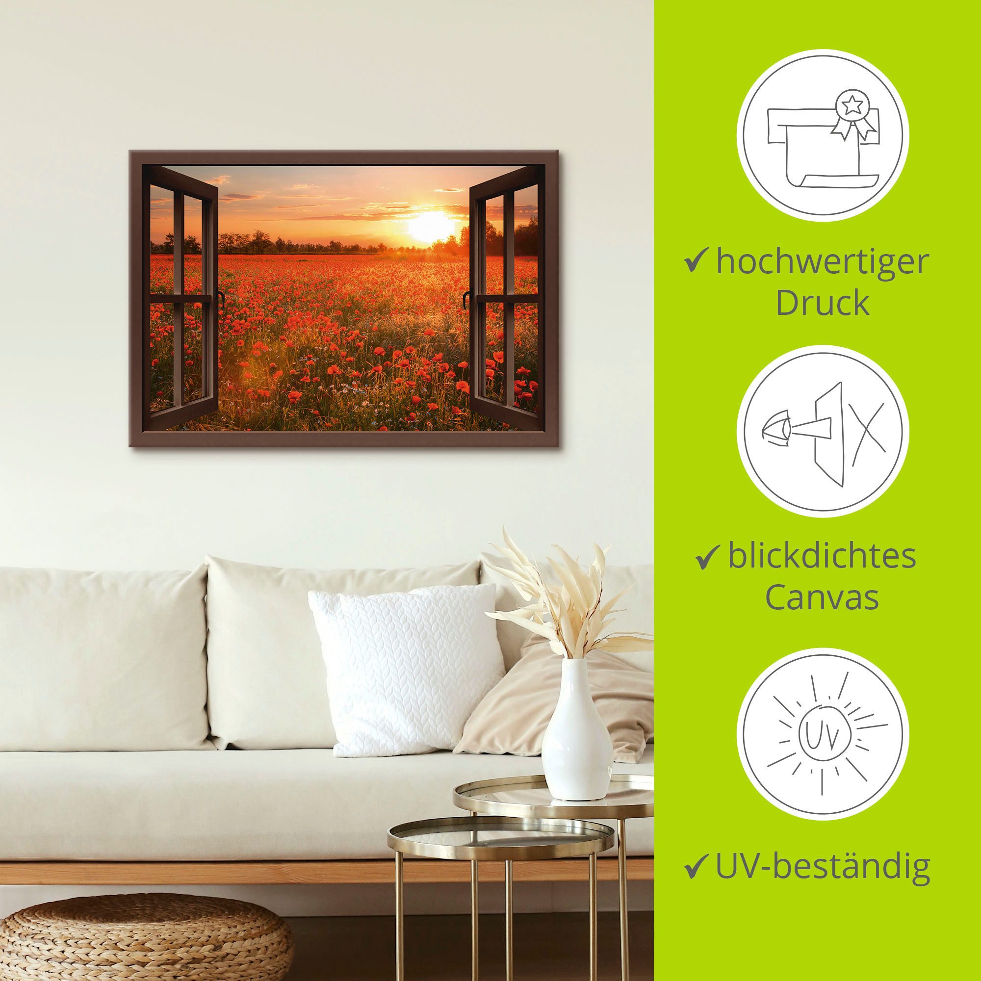 Artland Artprint op linnen Raamzicht - Klaprozenveld - bruin