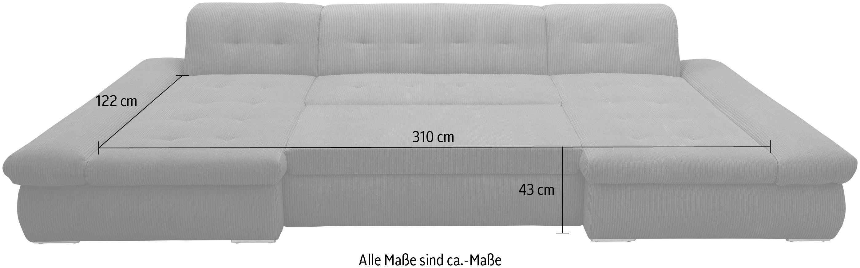 DOMO collection Zithoek Moric optioneel met slaapfunctie en armleuningsverstelling, XXL U-vorm, aan beide zijden met recamière, incl. sierkussen, cord-bekleding