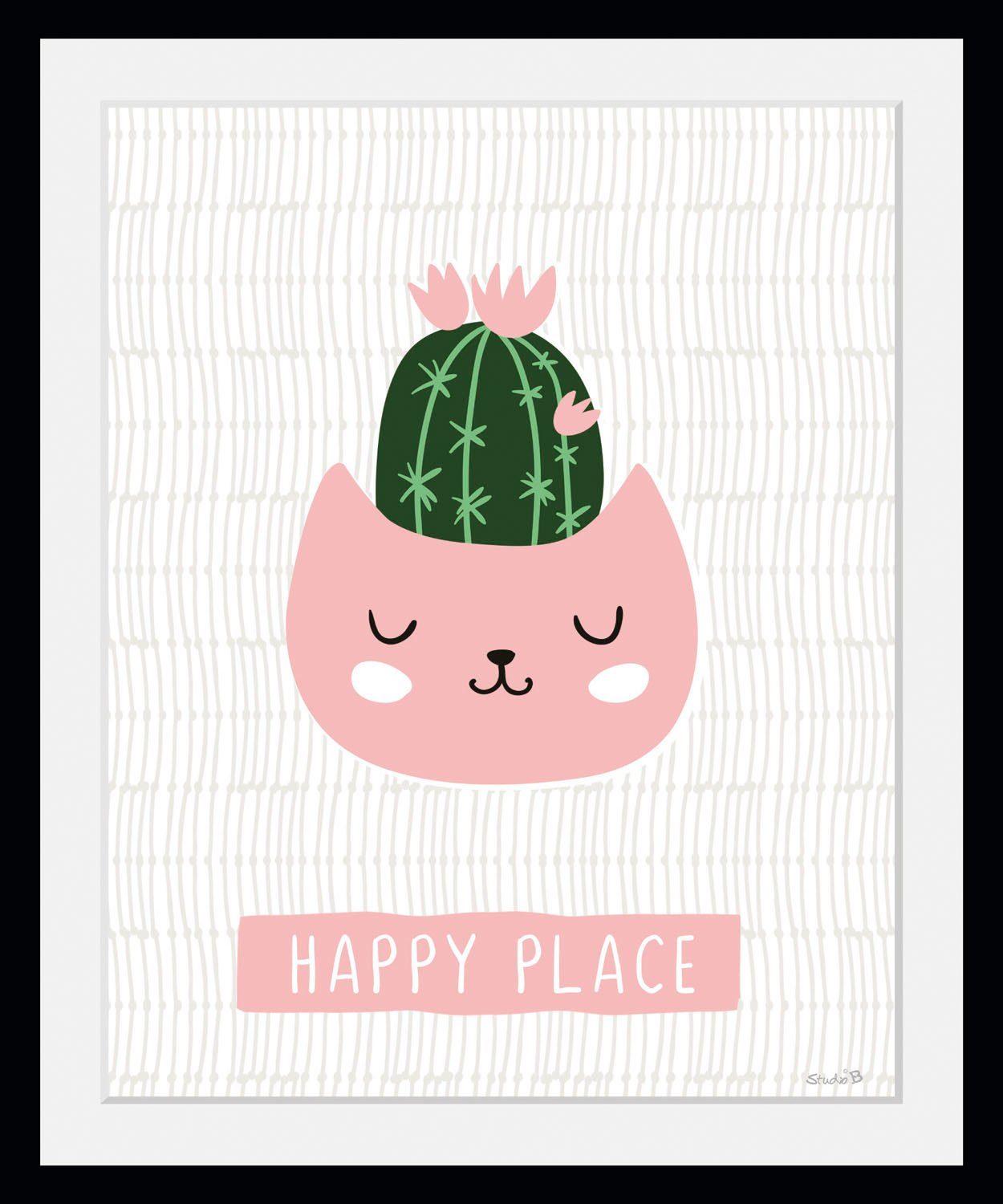 queence Wanddecoratie HAPPY PLACE HD premium posterdruk incl. houten lijst (1 stuk)