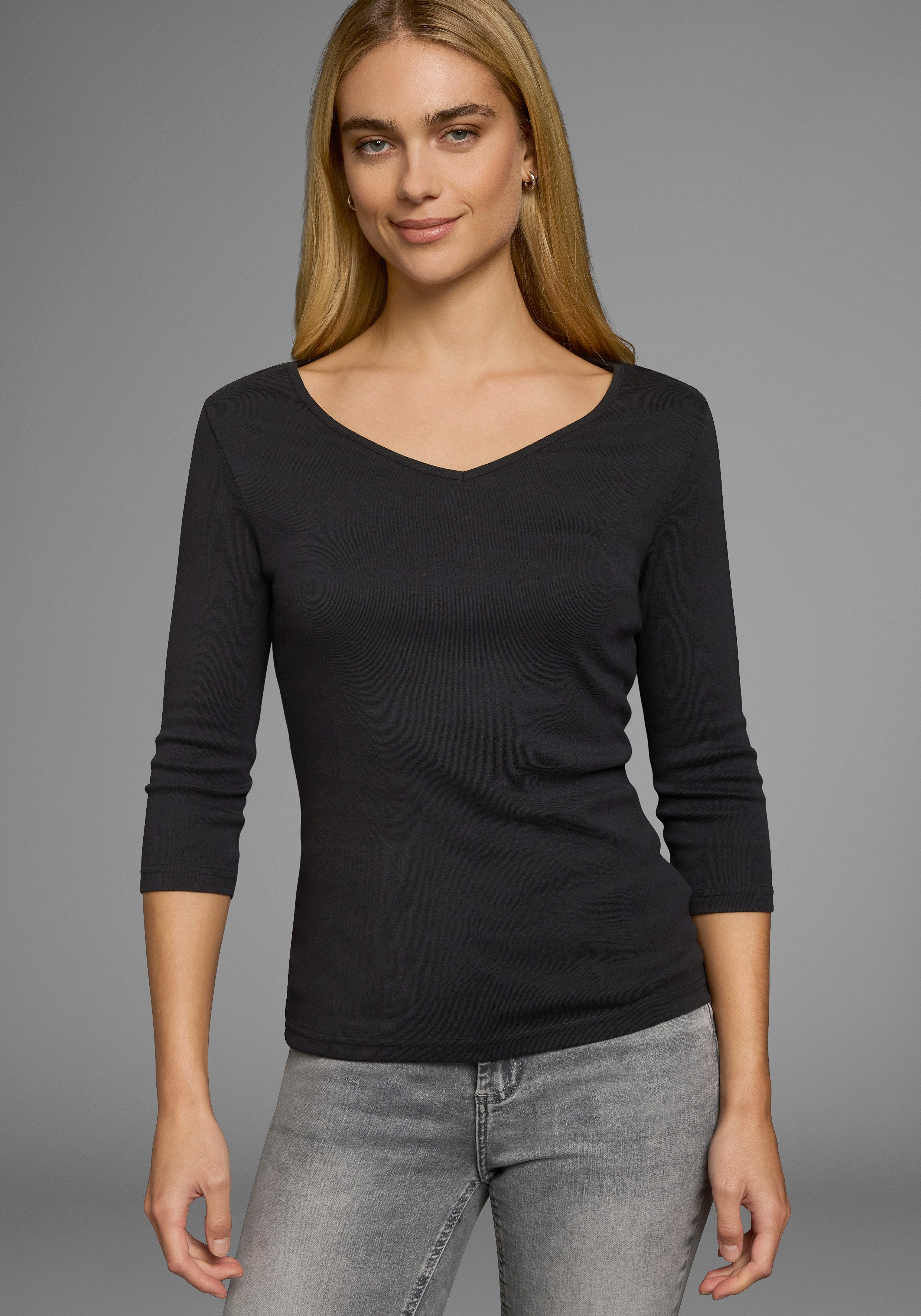 Flashlights Shirt met V-hals effen, v-hals, basic stijl, van katoen, in 2-pack (2-delig, Set van 2)