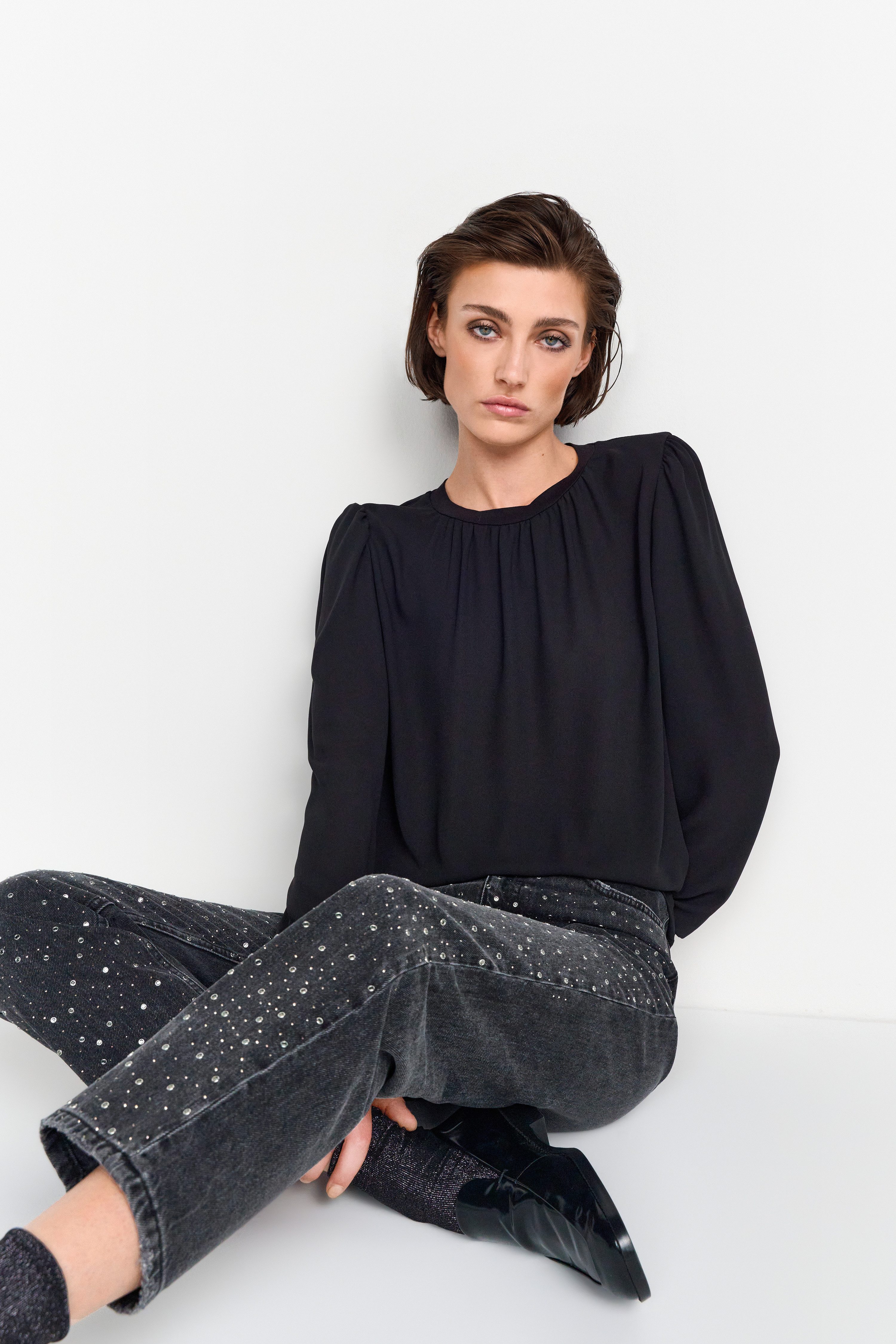 Rich & Royal Blouse met lange mouwen met fijne rimpeling aan de kraag