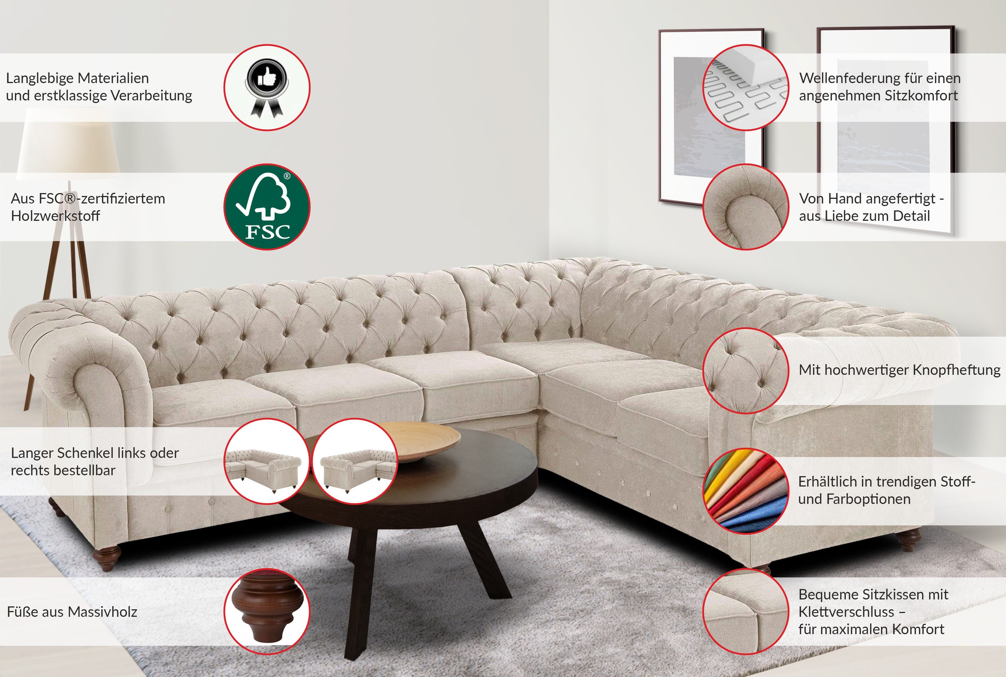 Home affaire Chesterfield-bank Chesterfield hoekbank, ook in leer L-vorm hoogwaardige knoopdetails, langer gedeelte links of rechts naar keuze