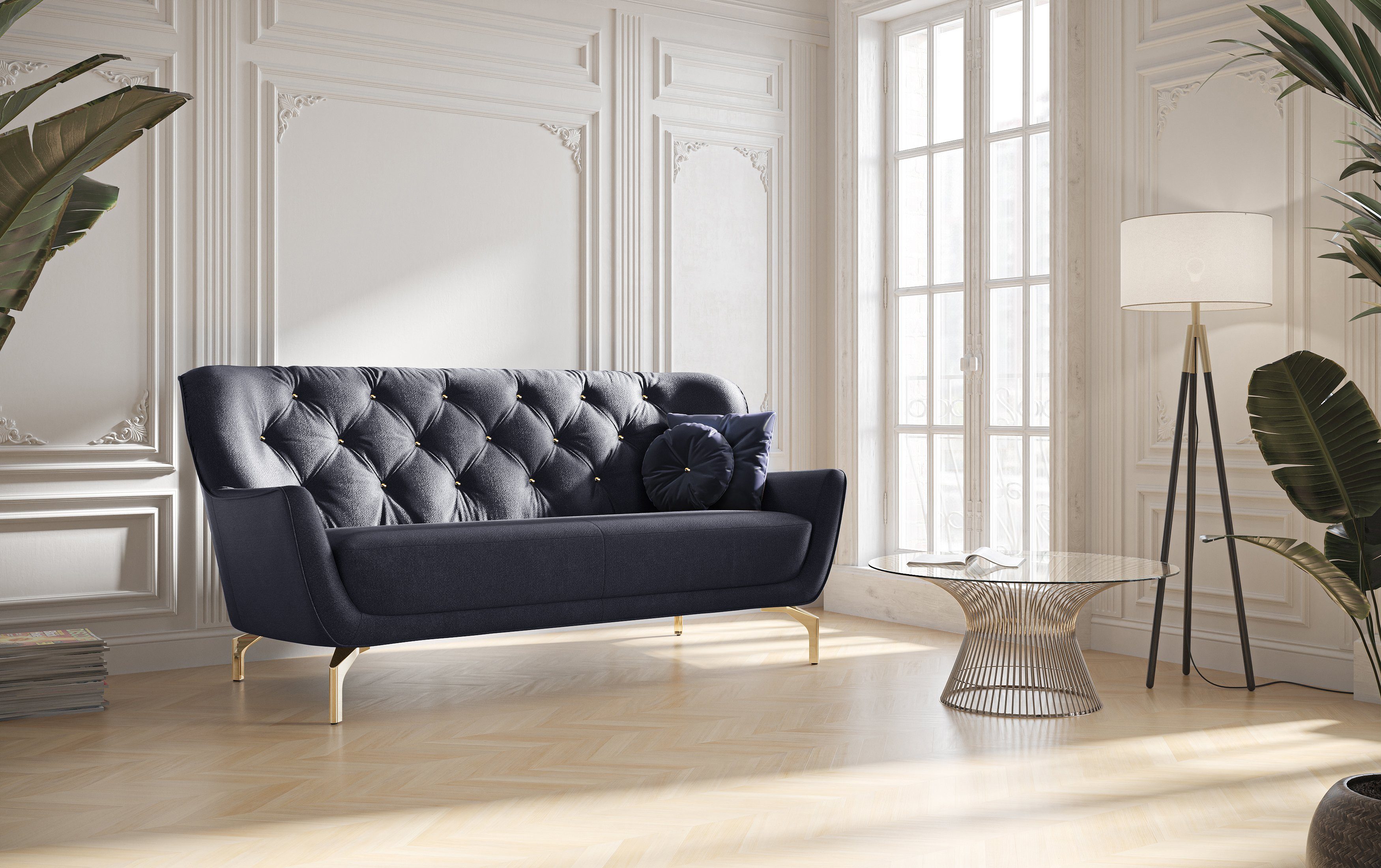 sit&more 3-zitsbank Orient 3 incl. 2 sierkussens met strassteentjes, goudkleurige metalen poten
