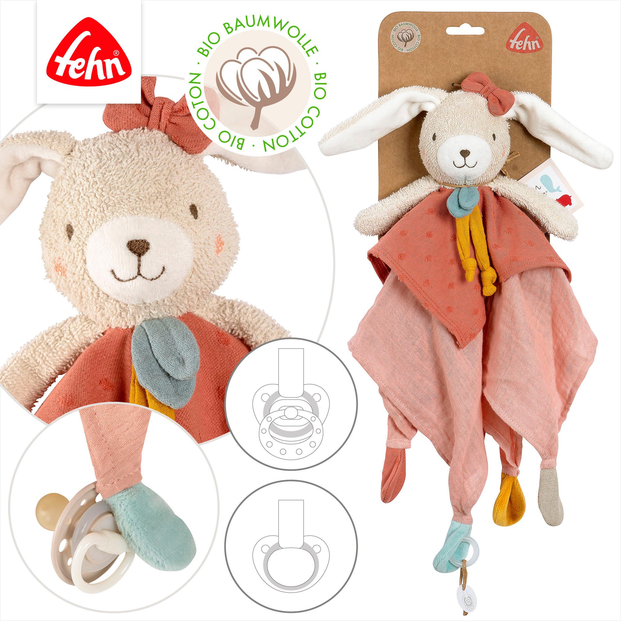 Fehn Knuffeldoek FehnNATUR, konijn met bevestigingsring voor speen