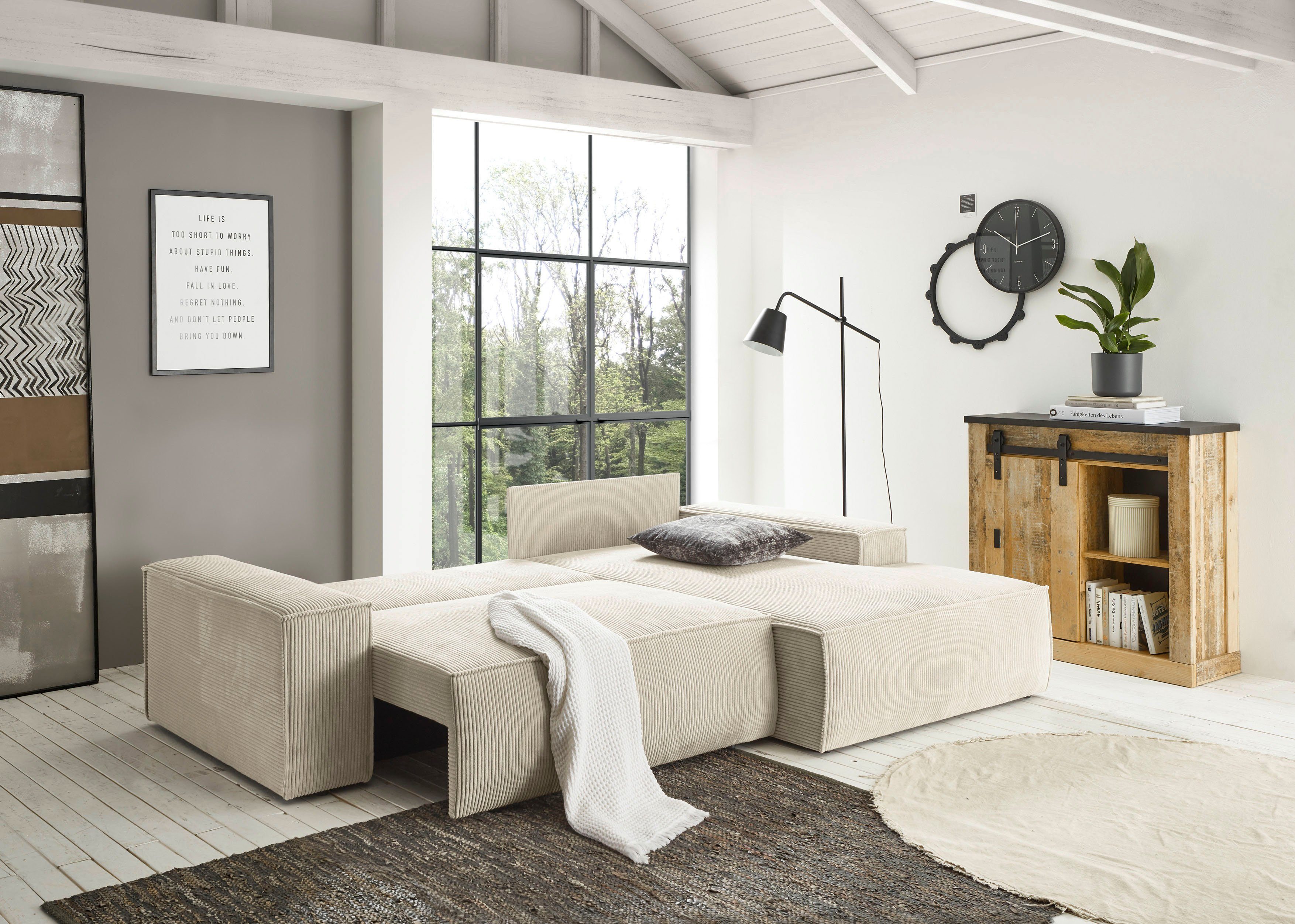 Home affaire Hoekbank SHERWOOD bedbank 267 cm, L-model, Slaapfunctie met bedlade (210x136 cm), cord, vintage, fluweel