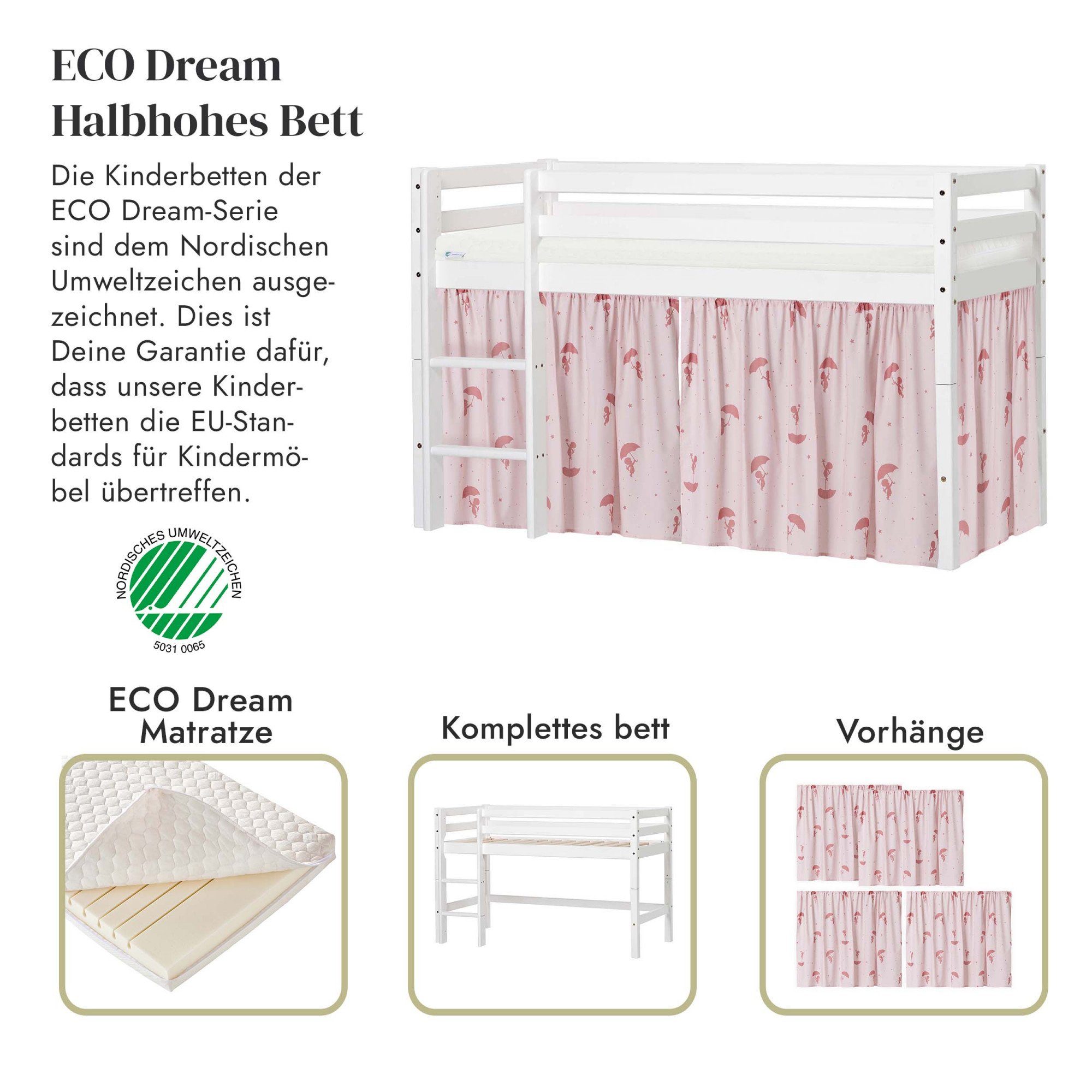 Hoppekids Speelbed ECO Dream, hoogslaper, deelbaar in 2 eenpersoonsbedden Massief hout, naar keuze in 2 afmetingen en 4 kleuren, matras ter keuze